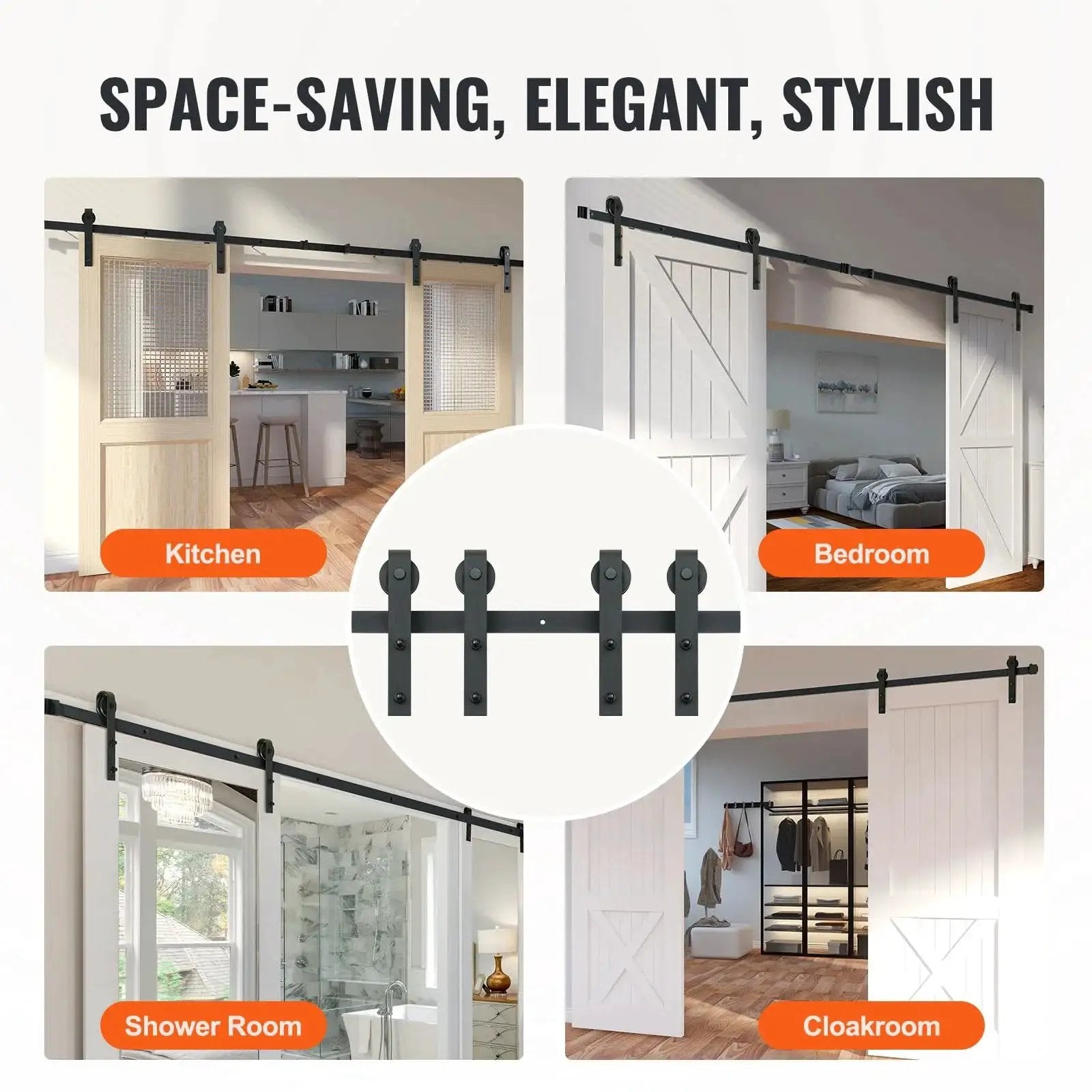 Sliding Barn Door Hardware Kit 8 Ft Heavy Duty Track Kit For Double Doors With Smooth Silent Pulley Supports Up To 330 Lbs Fits 3.7 To 4.3 Ft Total Width And Door Panels 1.3 To 1.8 Inches Thick Includes Two Section Tracks used in various rooms.