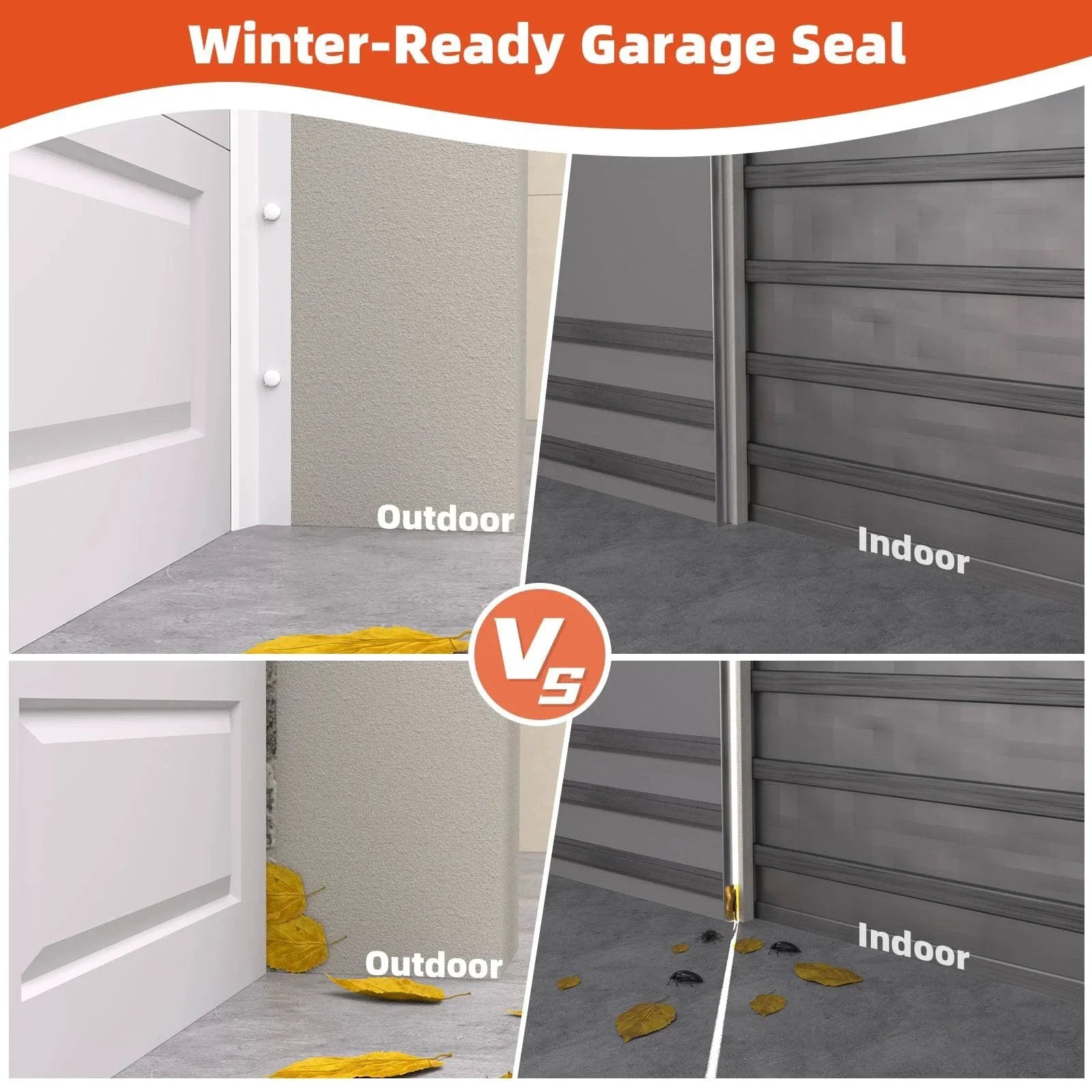 Comparison of installed Universal 40 Ft TPE Garage Door Seal, showing drafts and moisture blocked, white finish, indoor versus outdoor view.