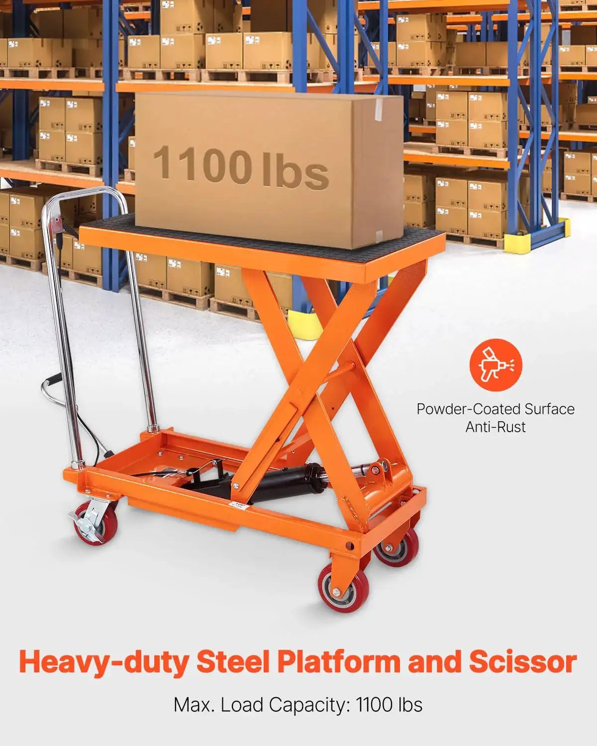 1100 Lbs Hydraulic Lift Table Cart With 11 To 35 Inch Lift Range Four Wheels, orange steel cart in warehouse