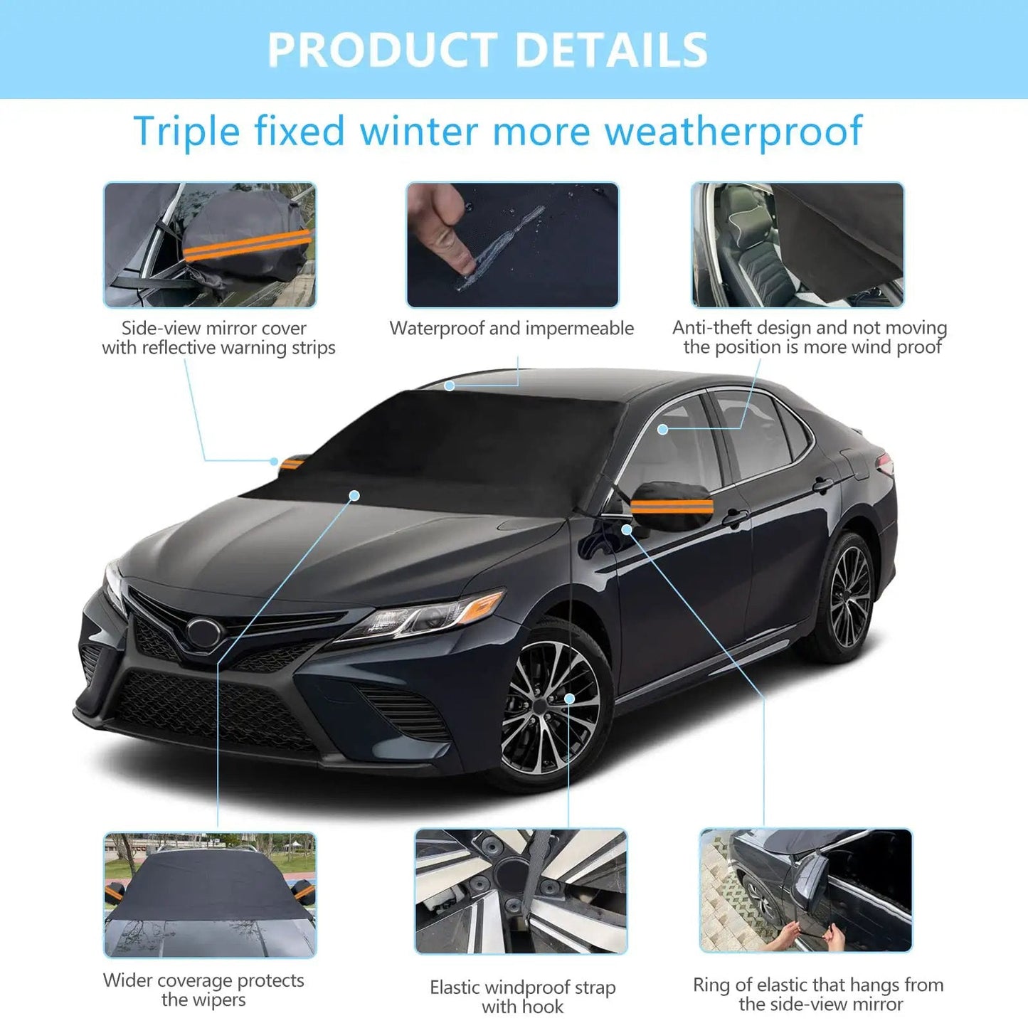 Thickened All Weather Windshield Cover For Ice And Snow With Side Mirror Covers Waterproof Frost Shield For Cars SUVs And Vans Easy Install Outdoor Windshield Protector 75 By 47 Inches, shown on a vehicle with details highlighted.