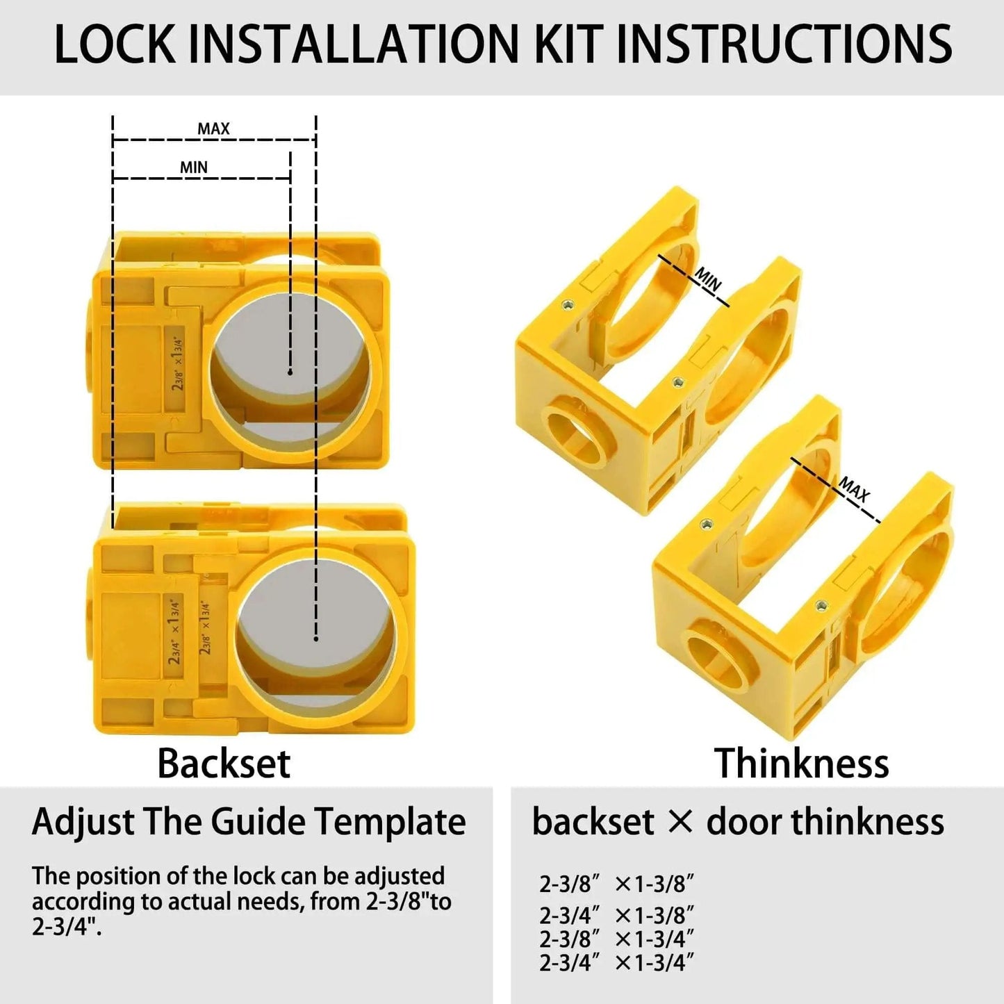 Door Lock Installation Kit For Deadbolt And Door Knob Holes With Adjustable Plastic Guide Template And Two Hole Saws Two And One Eighth Inch And One Inch Must Have For DIYers RKK featuring yellow adjustable template.