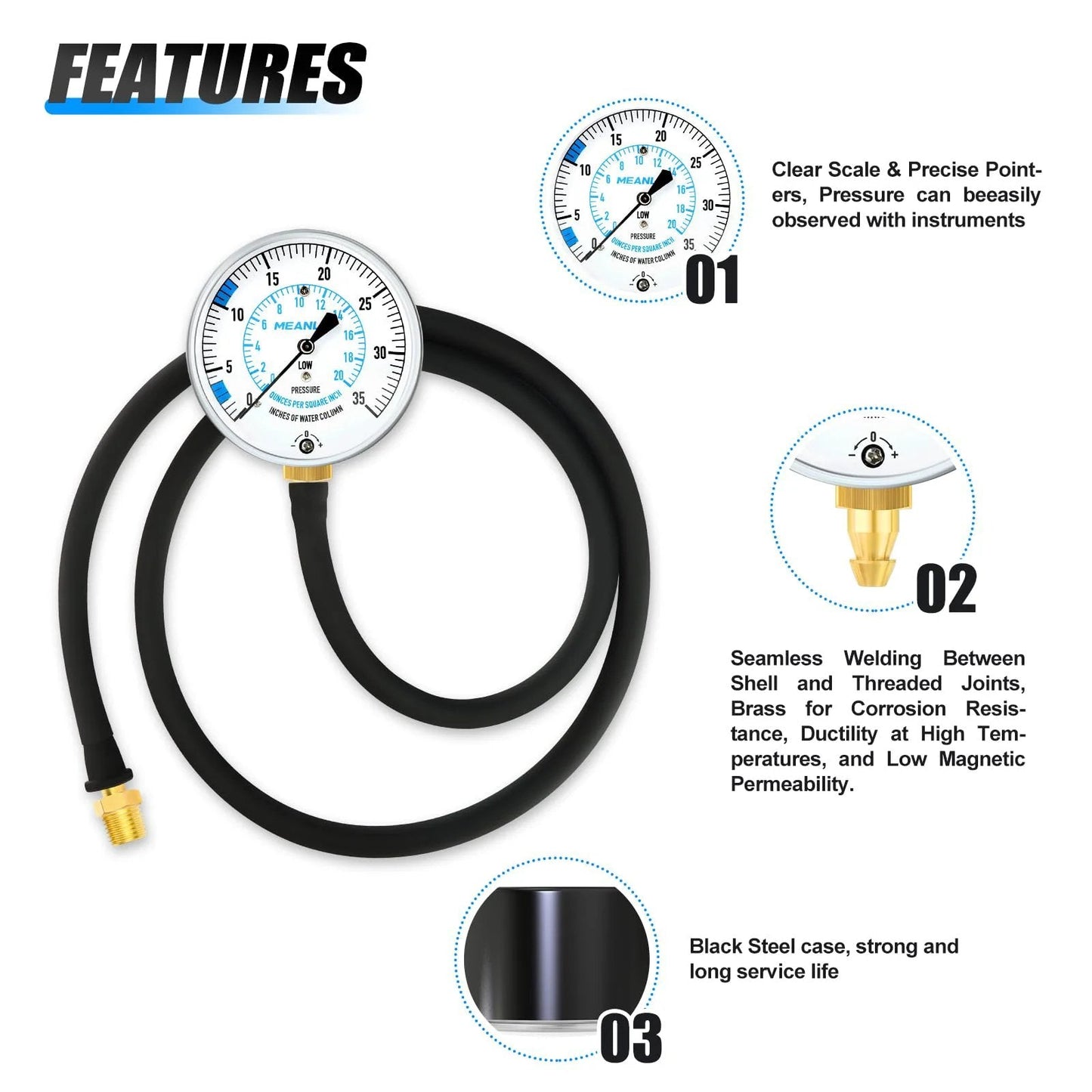Gas Pressure Test Kit For Natural Gas And LP Gas With 40 Inch Hose Zero To Thirty Five In WC Range One Eighth Inch NPT Fitting