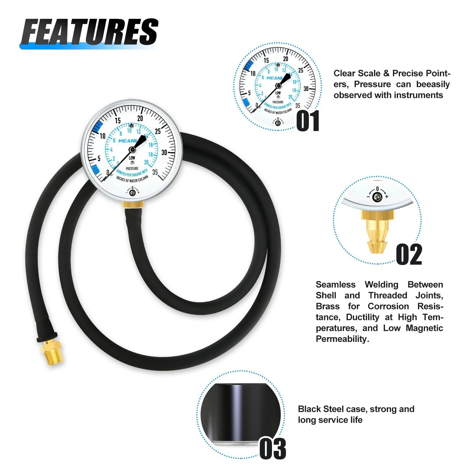Gas Pressure Test Kit For Natural Gas And LP Gas With 40 Inch Hose Zero To Thirty Five In WC Range One Eighth Inch NPT Fitting