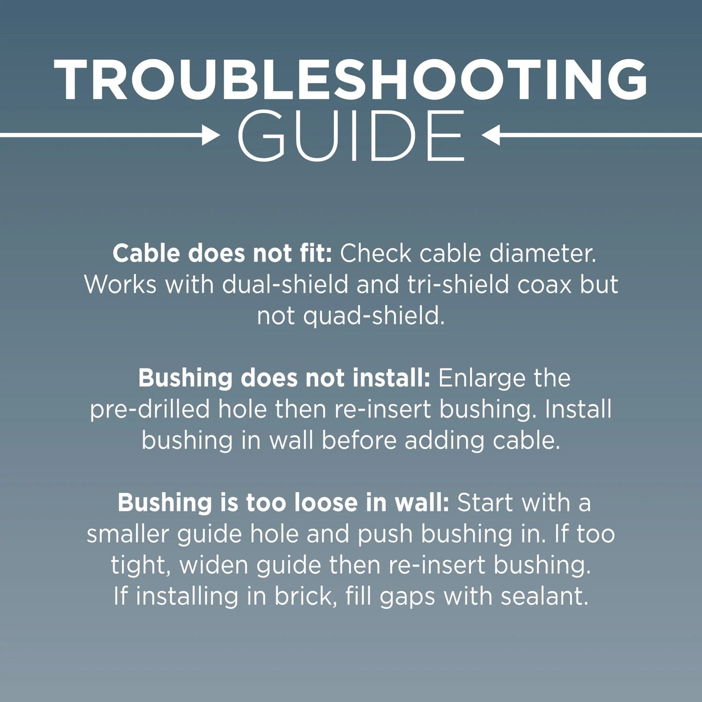 Troubleshooting guide for Single Feed-Through Bushing For RG6 Coaxial Cable Indoor Outdoor Passthrough And Wall Grommet White 10 Pack