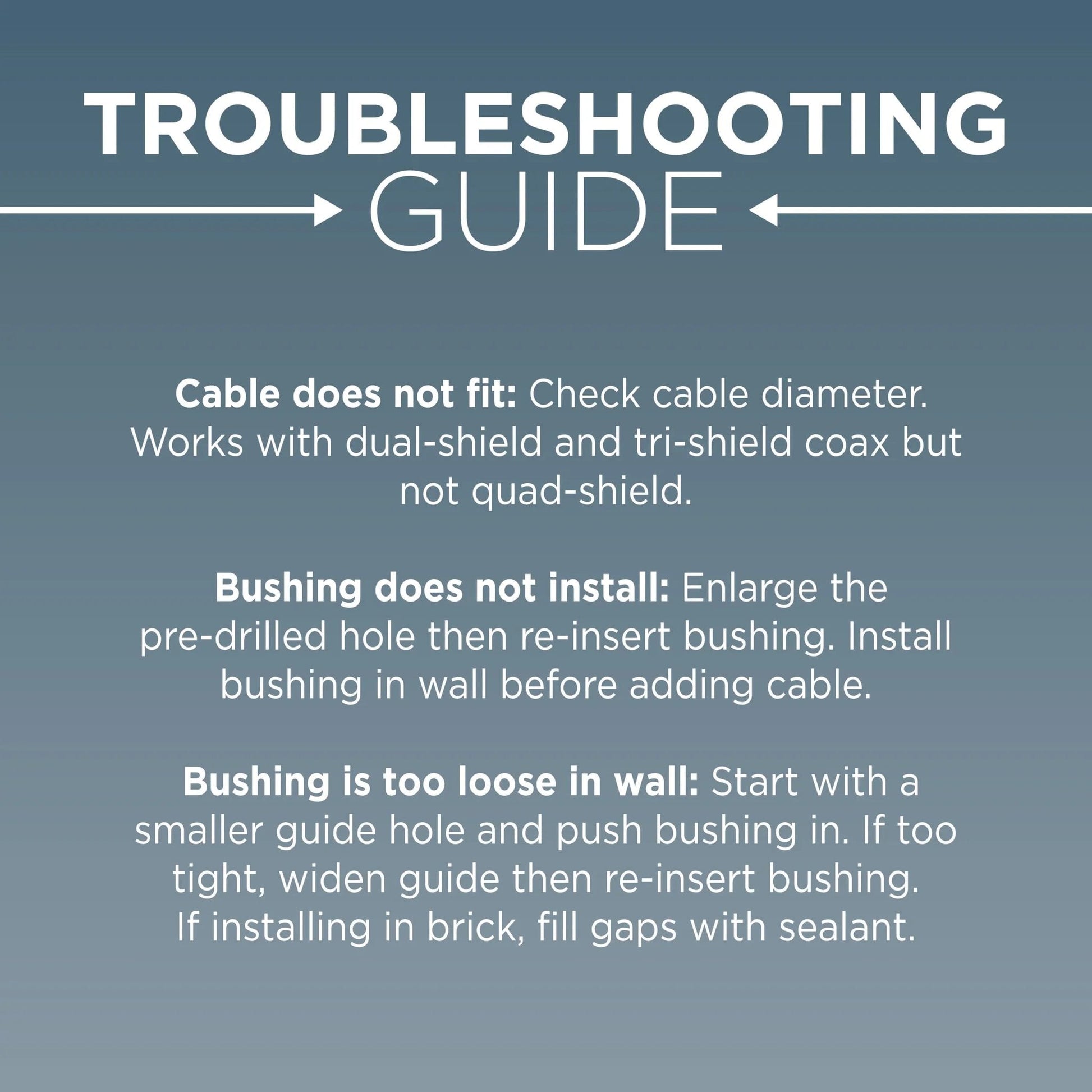 Troubleshooting guide for Single Feed-Through Bushing For RG6 Coaxial Cable Indoor Outdoor Passthrough And Wall Grommet White 10 Pack