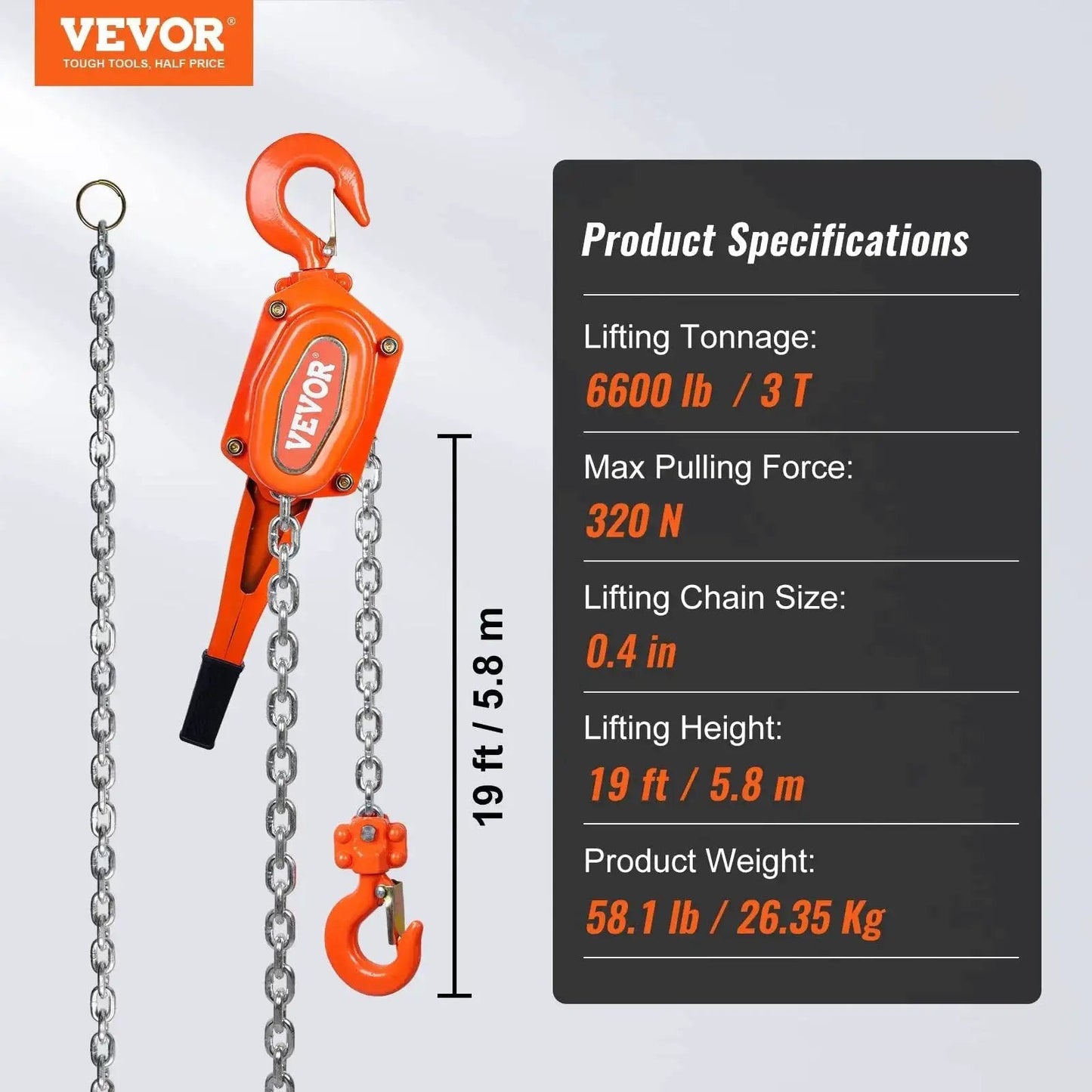 Manual Lever Chain Hoist 3 Ton 6600 Lb, G80 Weston Brake with 360 Degree Hook, 20 Ft lift, orange steel construction, side view.