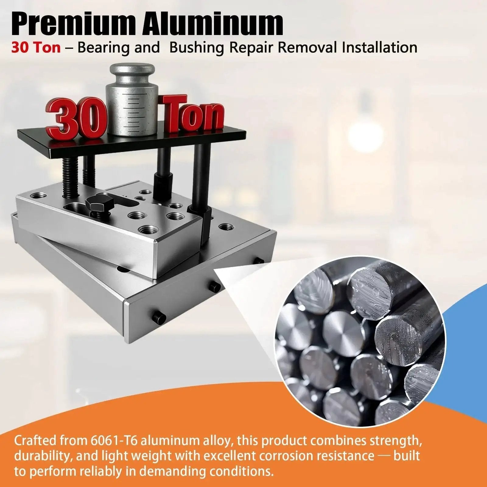 Universal 30 Ton Bearing and Bushing Press Fixture Kit with high strength aluminum plate for hydraulic shop press.