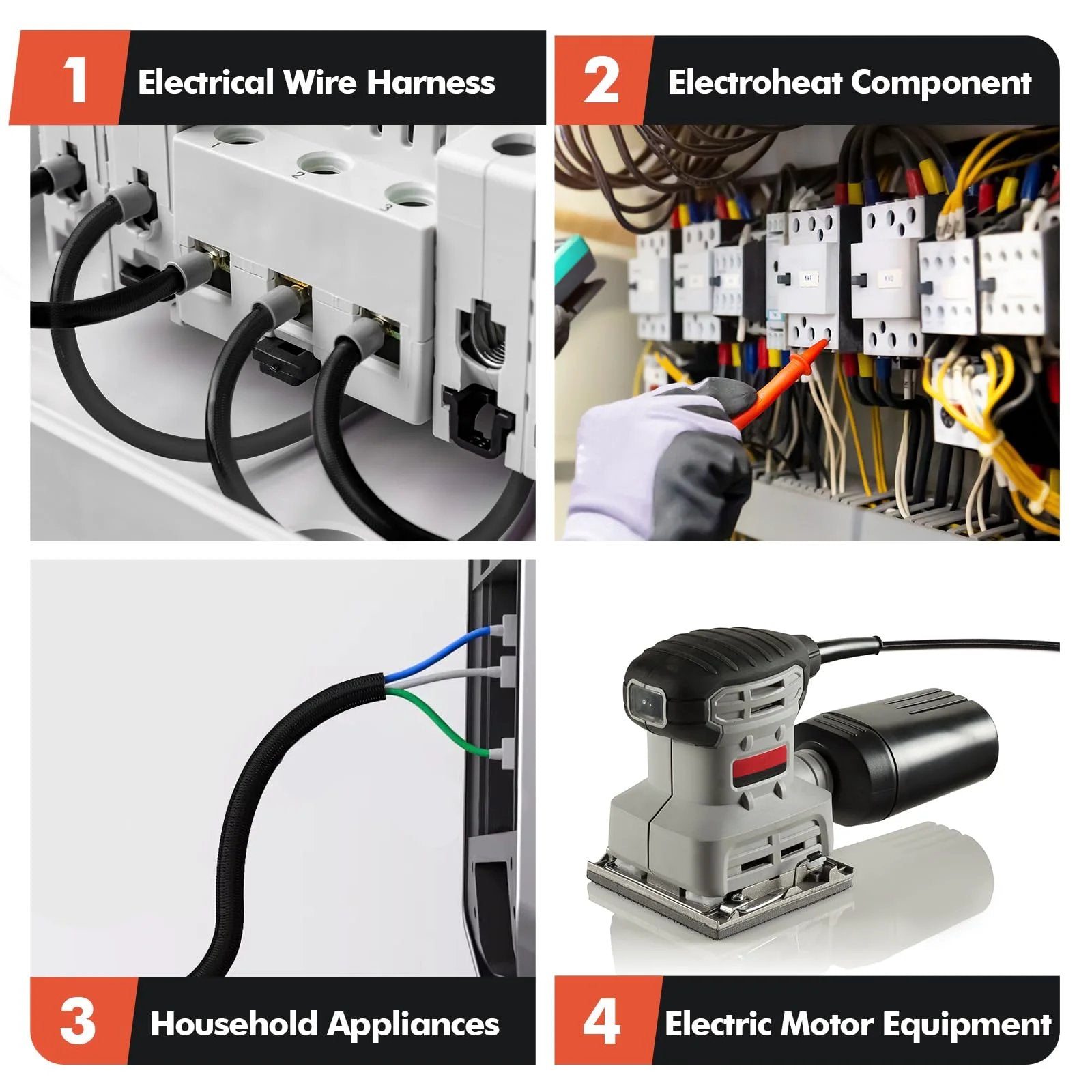 Collage showing electrical wire harness, electroheat component, household appliances, and electric motor equipment.