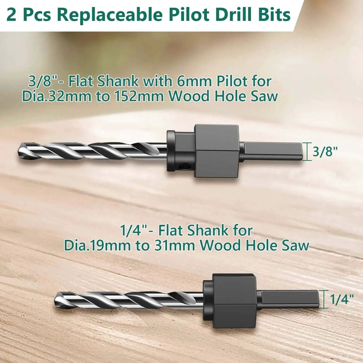 Two replaceable pilot drill bits for Ultimate 19 Piece Hole Saw Kit, showing 3/8" and 1/4" flat shank sizes on wooden surface.