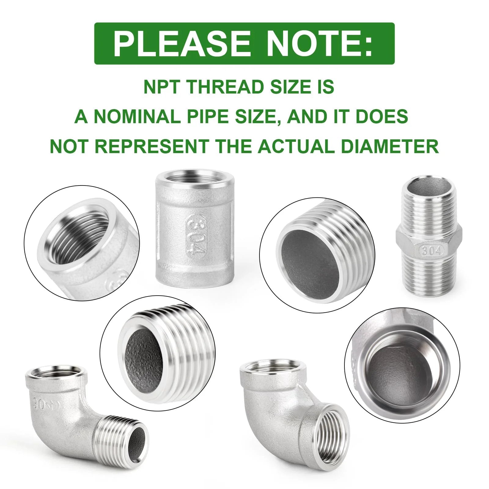 Heavy Duty 8-Piece 304 Stainless Steel Pipe Fitting Kit With 90 Degree Elbows, Hex Bushings, And 3/8 NPT Couplings