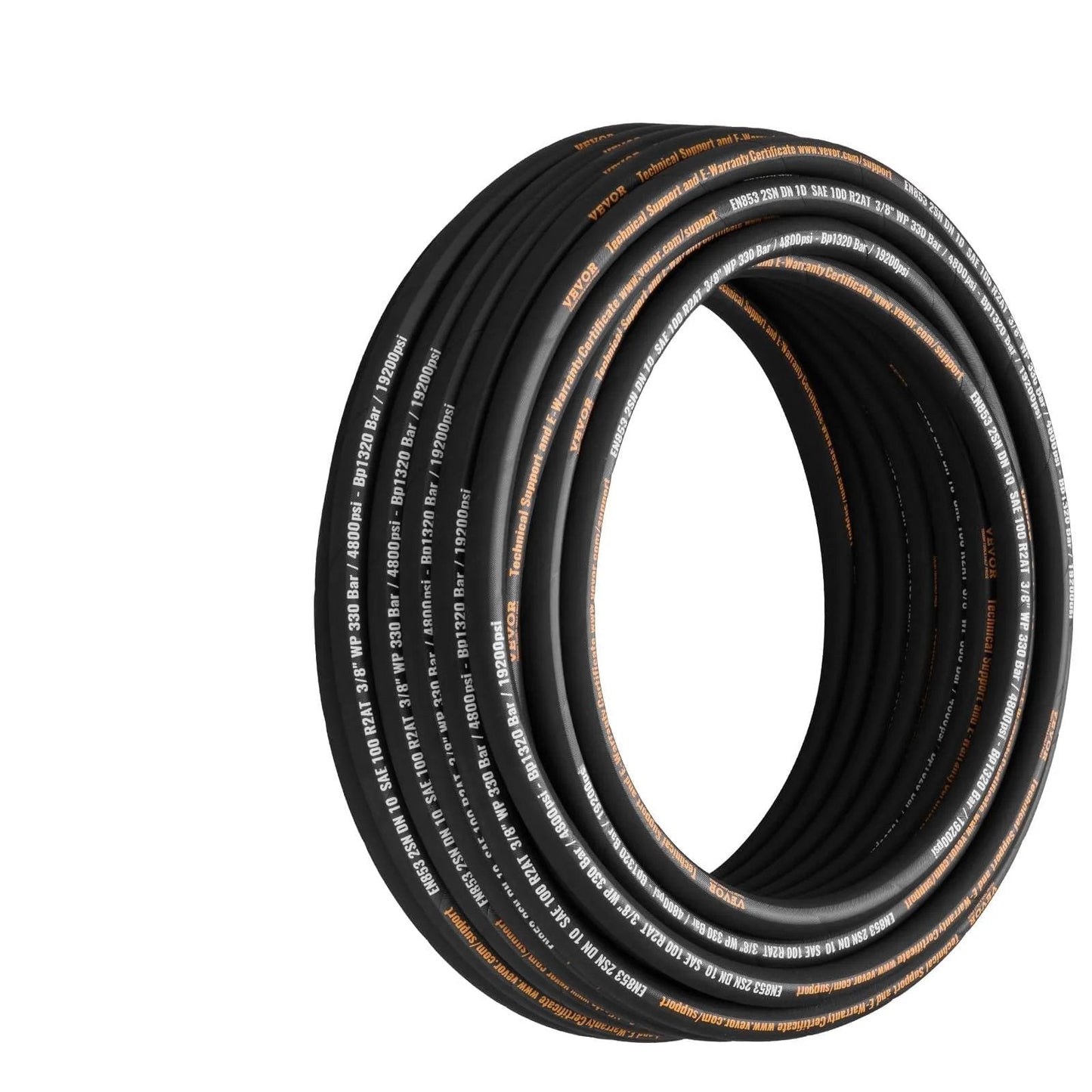 Hydraulic Hose Three Eighths Inch By One Hundred Feet Coiled, 4800 PSI, Dual High Tensile Steel Wire Braid, Flexible Bulk Rubber Oil Hose