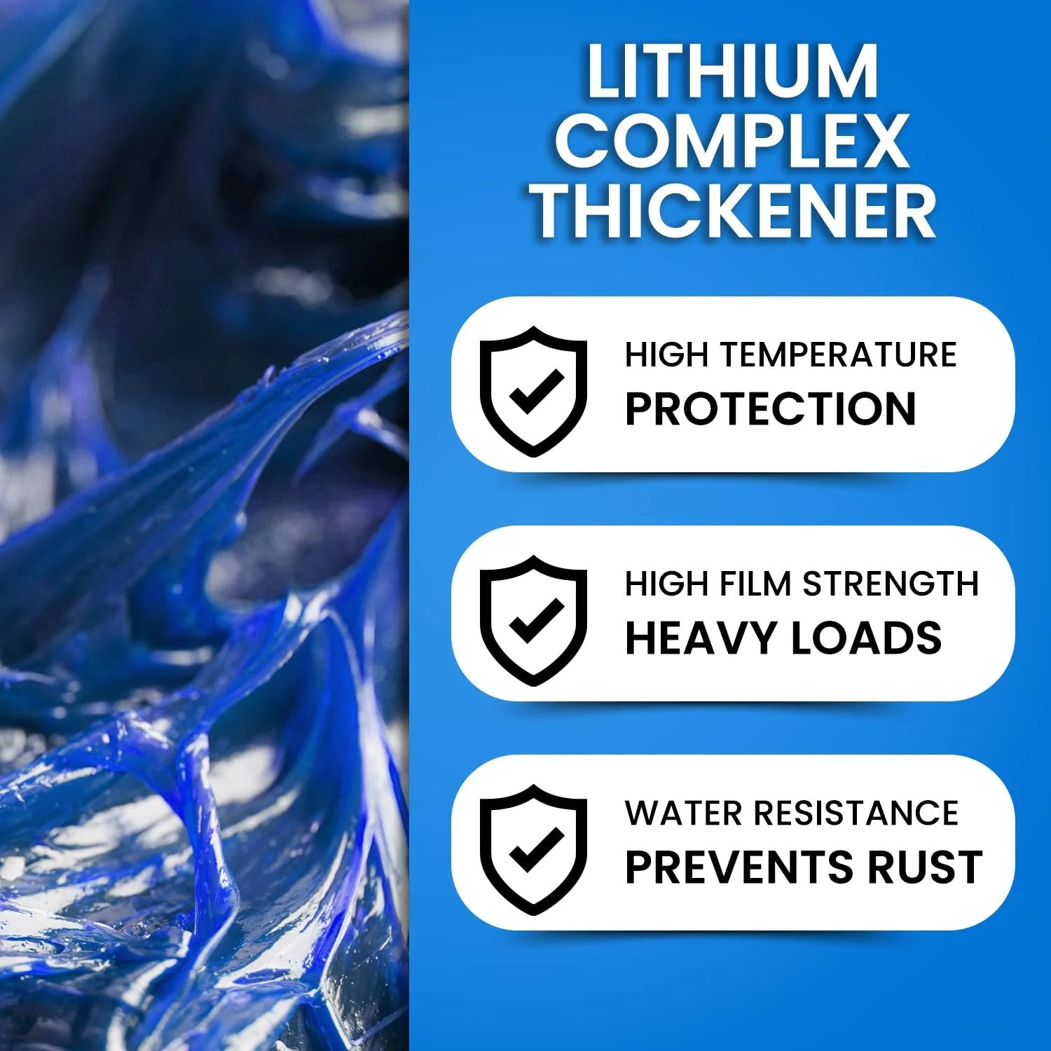 Blue lithium complex thickener with high temperature protection for all purpose high temp wheel bearing grease tube.