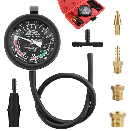 Fuel Pump And Vacuum Carburetor Pressure Tester Gauge Kit For Engine Diagnostics with dial gauge, hoses, and brass adapters.
