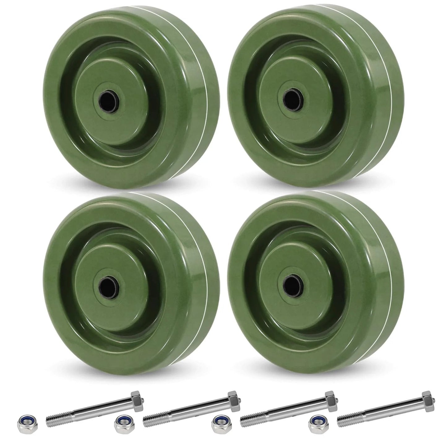 Heavy Duty Oven Rack Caster Wheels 4x1.5 Inch High Temperature Epoxy Resin Wheels Set Of 4 Replacement With 2800 Lb Capacity -40F To 525F Galvanized Steel Yokes HANDSAMMU For Ovens And Dryers, close-up view of green epoxy wheels.