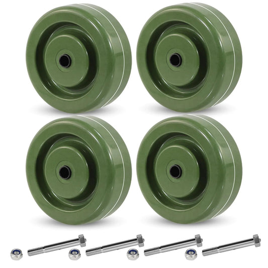Heavy Duty Oven Rack Caster Wheels 4x1.5 Inch High Temperature Epoxy Resin Wheels Set Of 4 Replacement With 2800 Lb Capacity -40F To 525F Galvanized Steel Yokes HANDSAMMU For Ovens And Dryers, close-up view of green epoxy wheels.