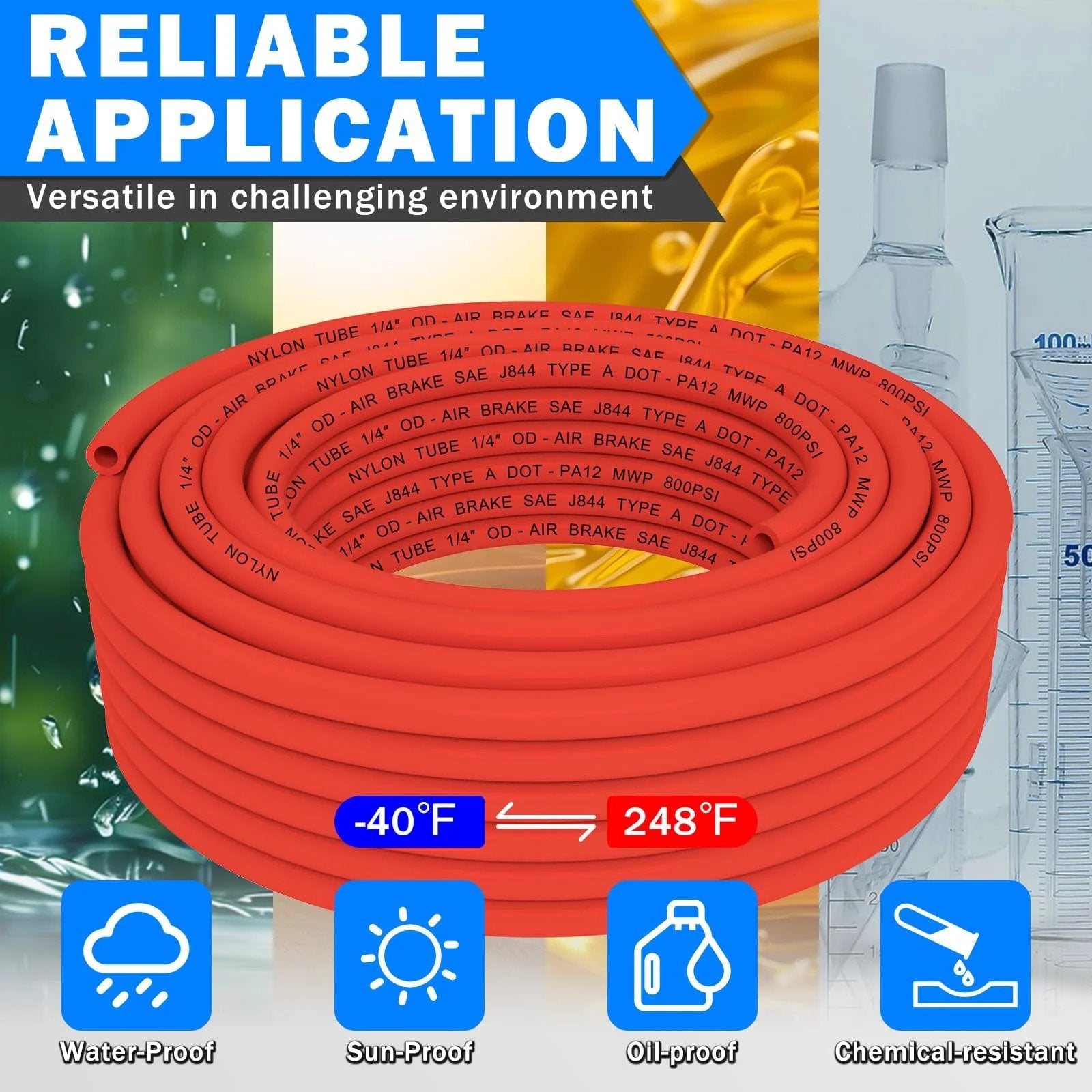Coiled red DOT air line hose with water, sun, oil, chemical-proof symbols, part of Brass DOT Air Line Fittings Kit With 100 Feet Of One Quarter Inch Red DOT Air Line Hose And 50 Feet Of Three Eighths Inch Red DOT Air Line Hose All In One Push Lock Quick Connect Set With Pneumatic Tubing And Schrader Valves And Tube Cutters