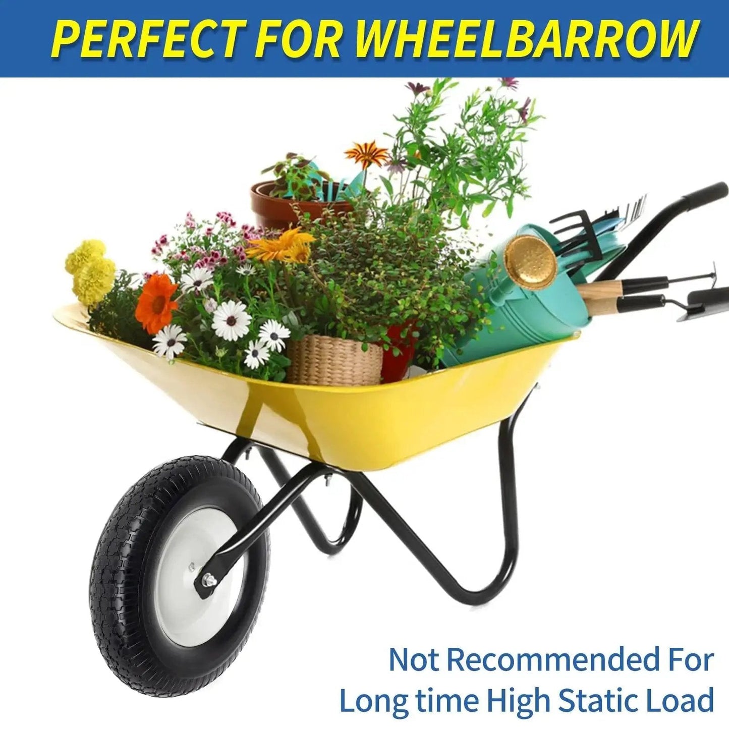 Wheelbarrow with 16 Inch Flat Free Solid Tire And Wheel For Wheelbarrows And Carts Size 4.80 4.00 8 displayed with plants and tools