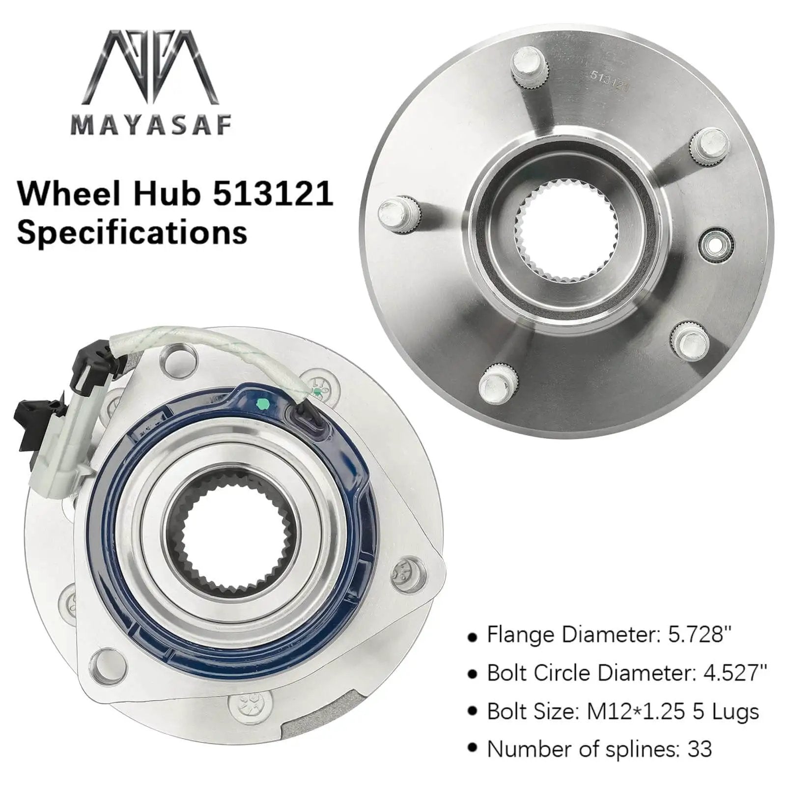 Front wheel hub bearing assembly axle 5-lug w/ ABS fits Chevy Impala Monte Carlo Venture, image showing detailed specifications