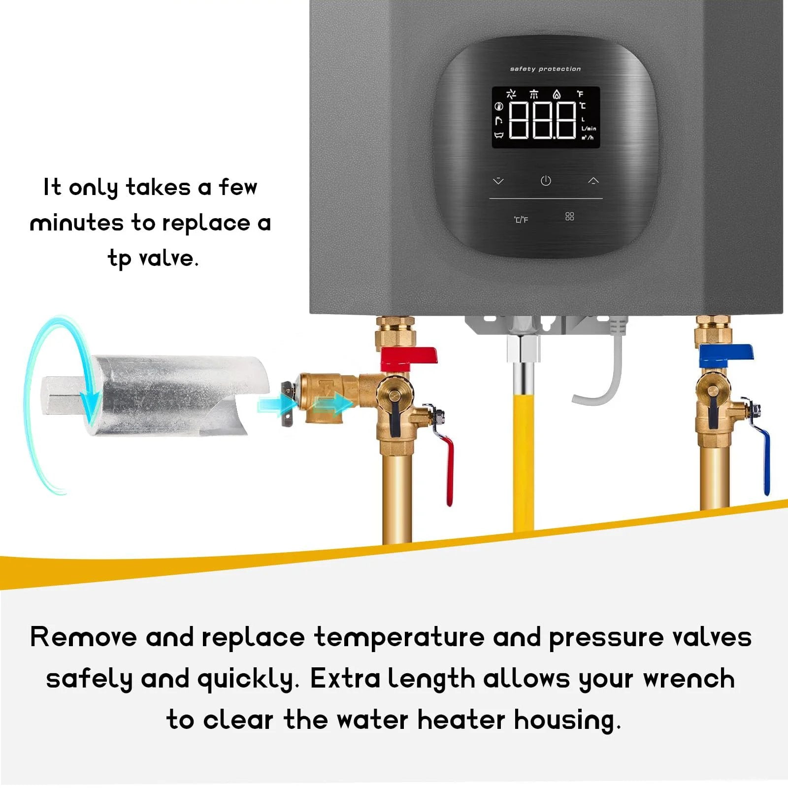 RV Water Heater Pressure Valve Remover Tool For Seven Eighths Inch Wrench Fits Most RV Water Heaters Pro Grade Durable Steel Construction Built To Last Through Tough Jobs GGTE displayed next to a digital water heater panel