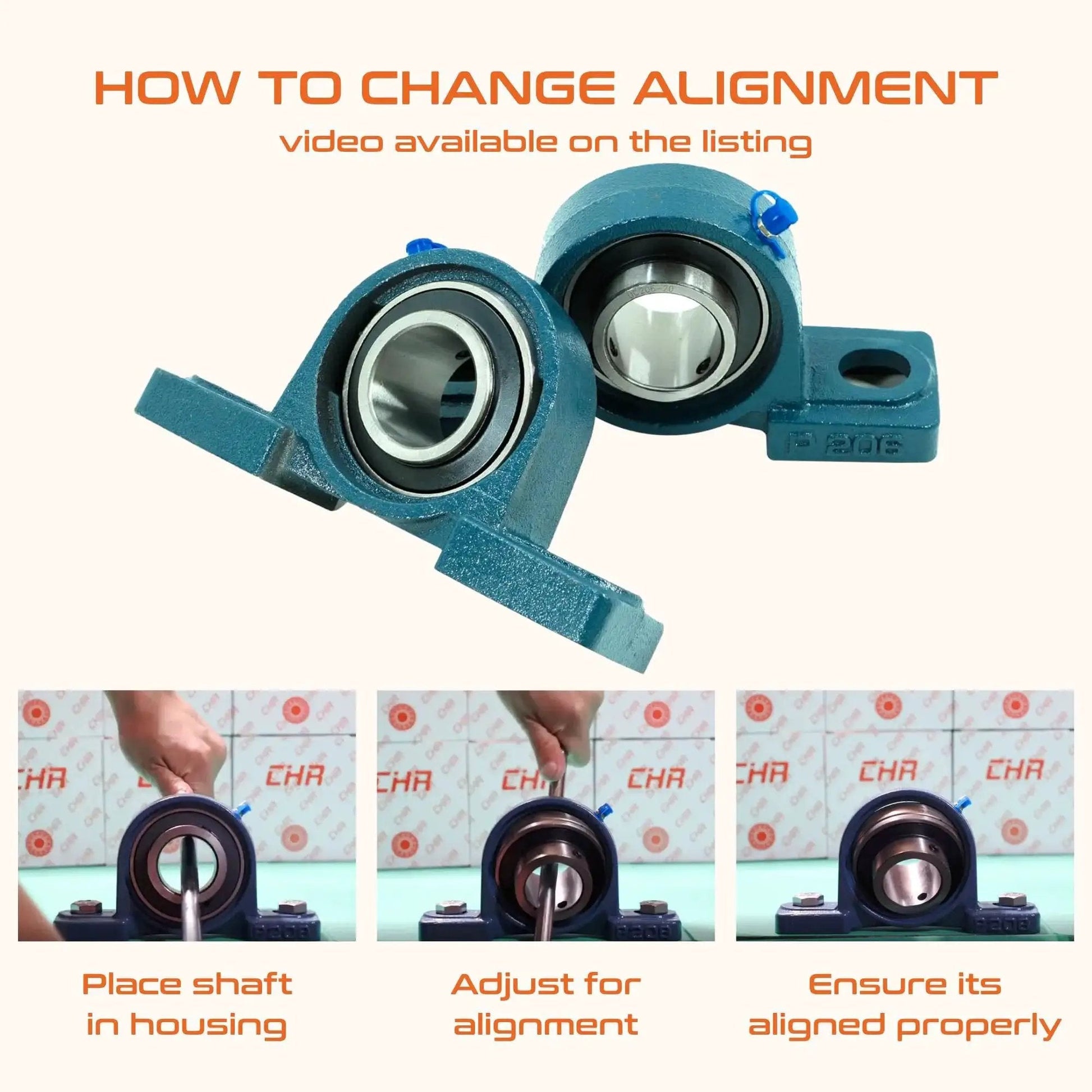 Two Pack UCP205 16 Chrome Steel Pillow Block Bearings With One Inch Bore Mounted Bearings Built Tough Cast Iron Housing ISO 9001 2015 Certified Premium German Design For Industrial Machinery Long Life shown with alignment instructions.