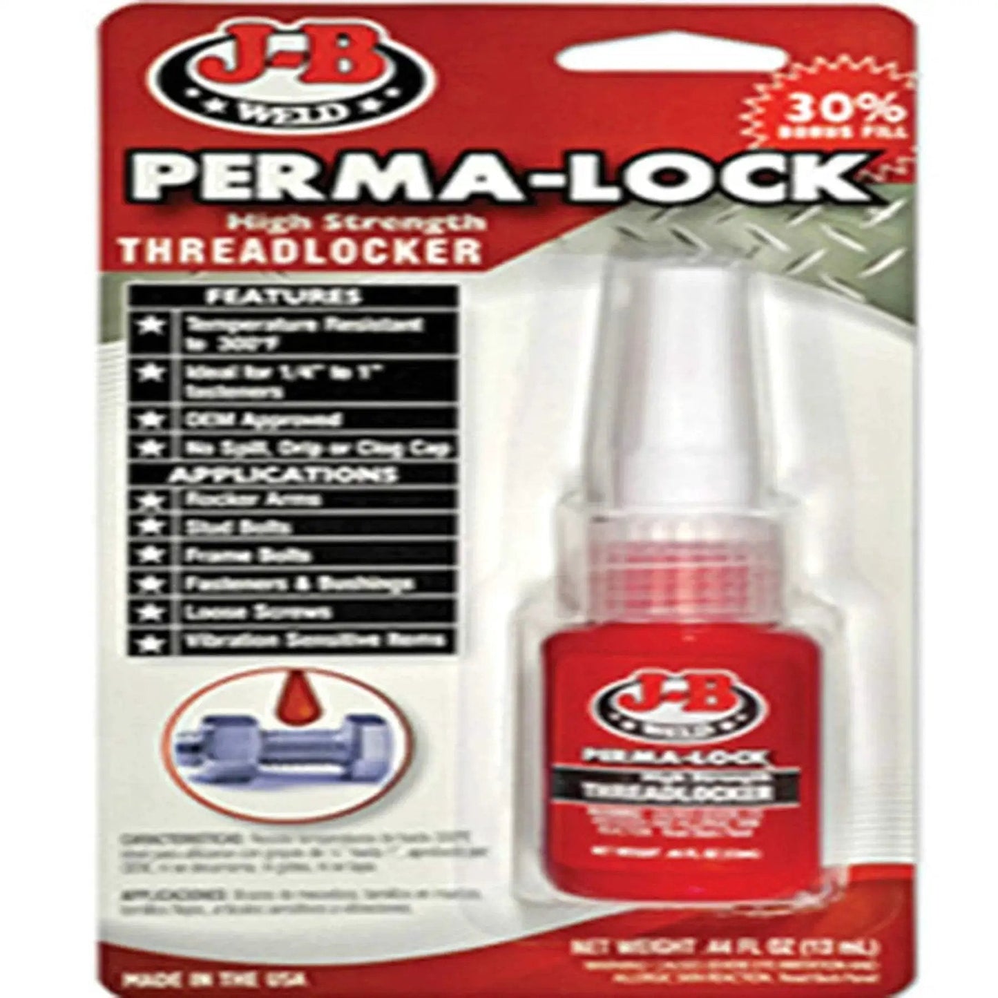 Image of J-B Weld Perma-Lock 27113 Red High Strength Threadlocker for locking and sealing threaded fasteners, 13ml package.