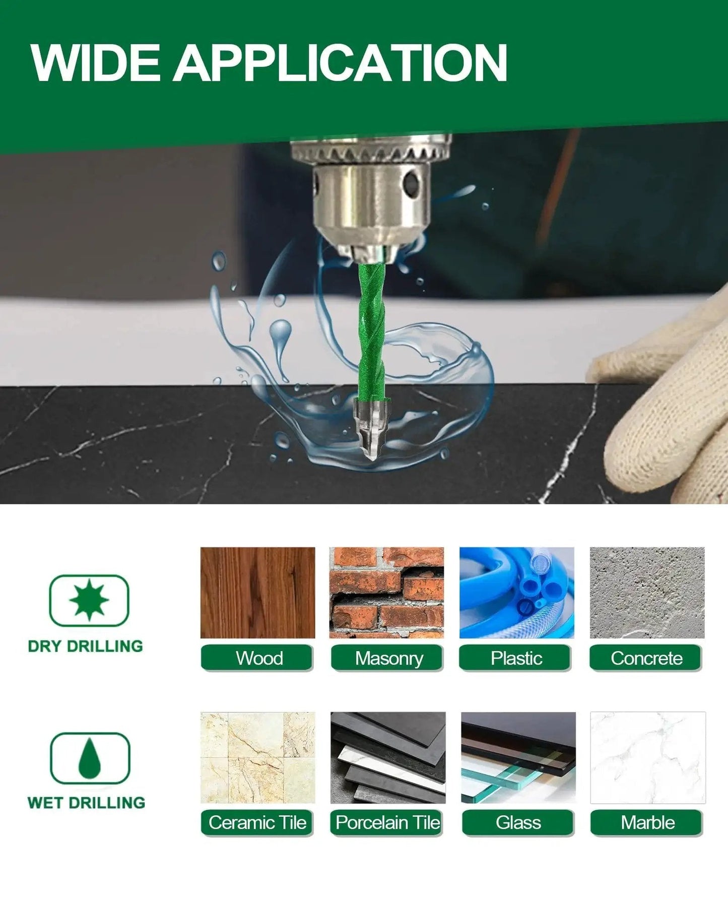 Drill cutting into black marble, showcasing Carbide Tipped Masonry Drill Bit Set 10-Piece With Quick Fit Hex Shank in various surfaces