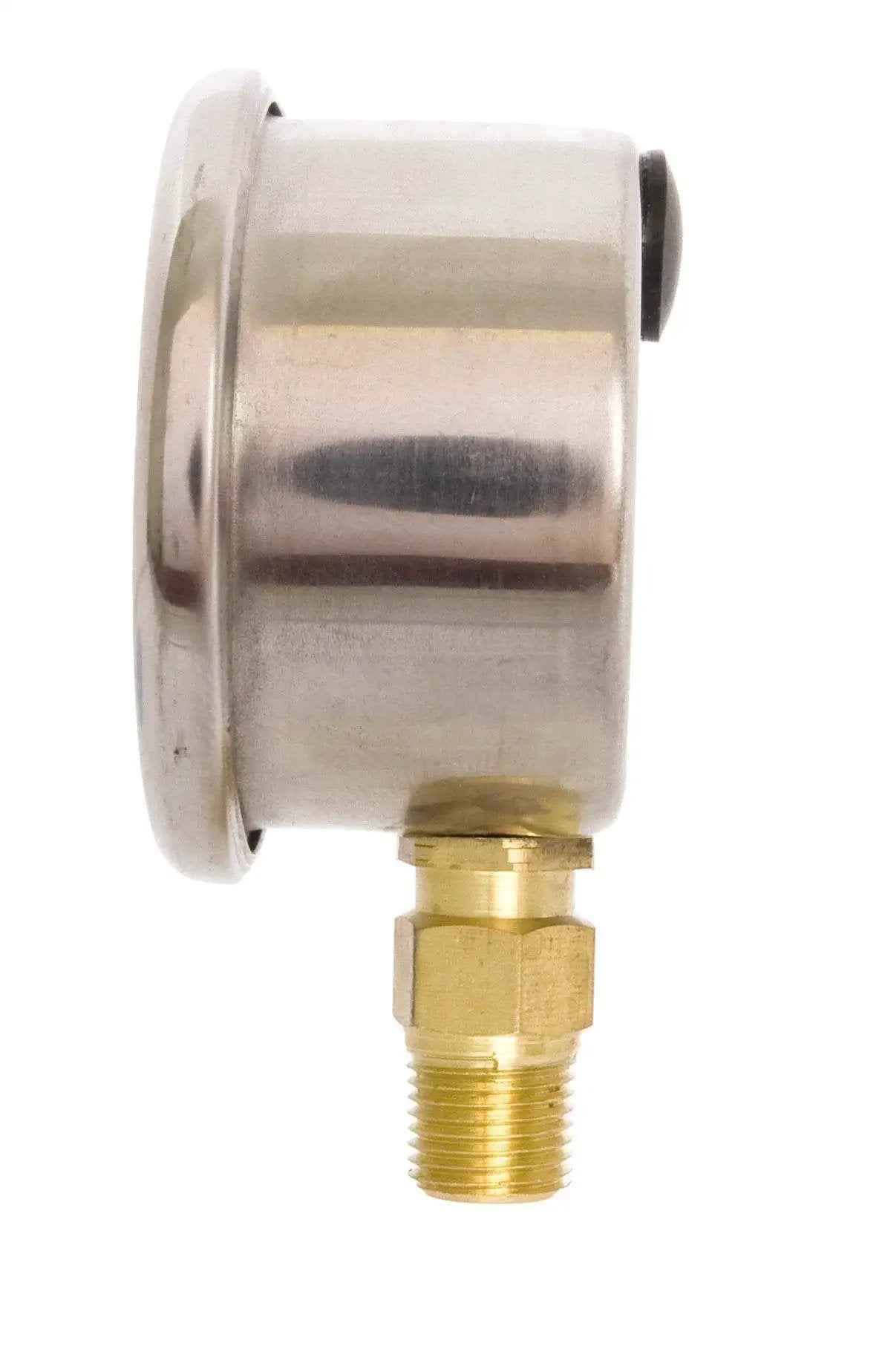 Side view of Oil Filled Pressure Gauge One And One Half Inch Stainless Steel Case With Brass Construction One Eighth Inch NPT Lower Mount