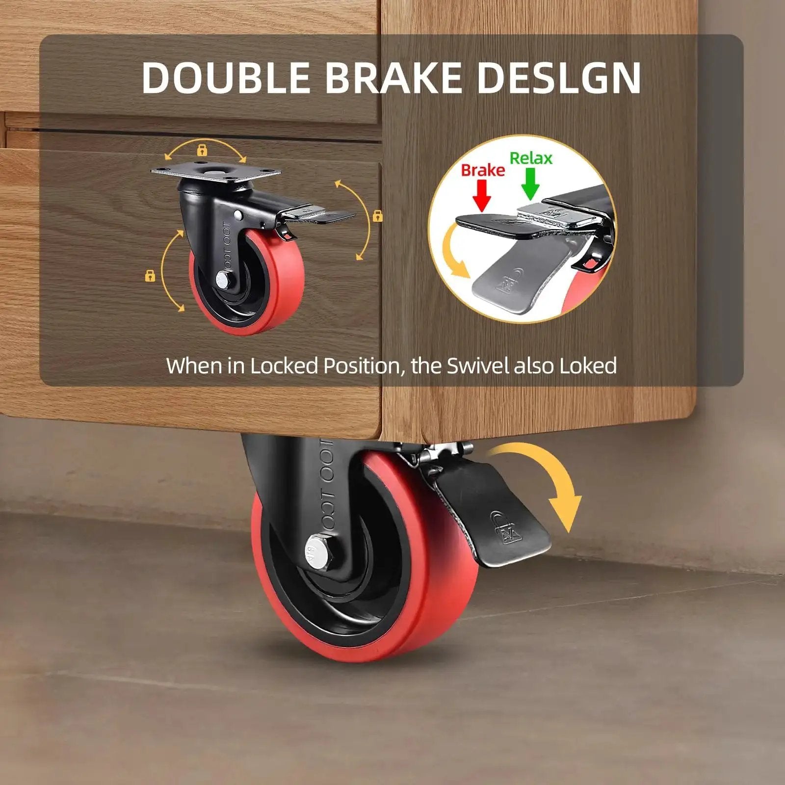 Heavy Duty 4 Inch Swivel Casters Set Of 4 With Brakes, 2200 Lb Capacity, Silent TPR Rubber Wheels, Industrial Plate Castors For Furniture And Equipment