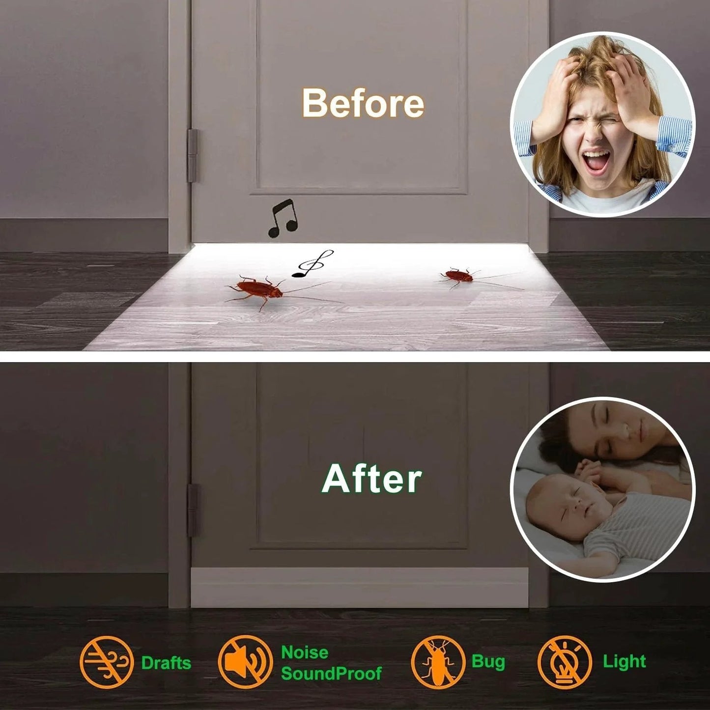 Before and after installation of 2 Pack Door Draft Stopper For Exterior And Interior Doors, 1.8 Inch Wide By 37 Inch Long White