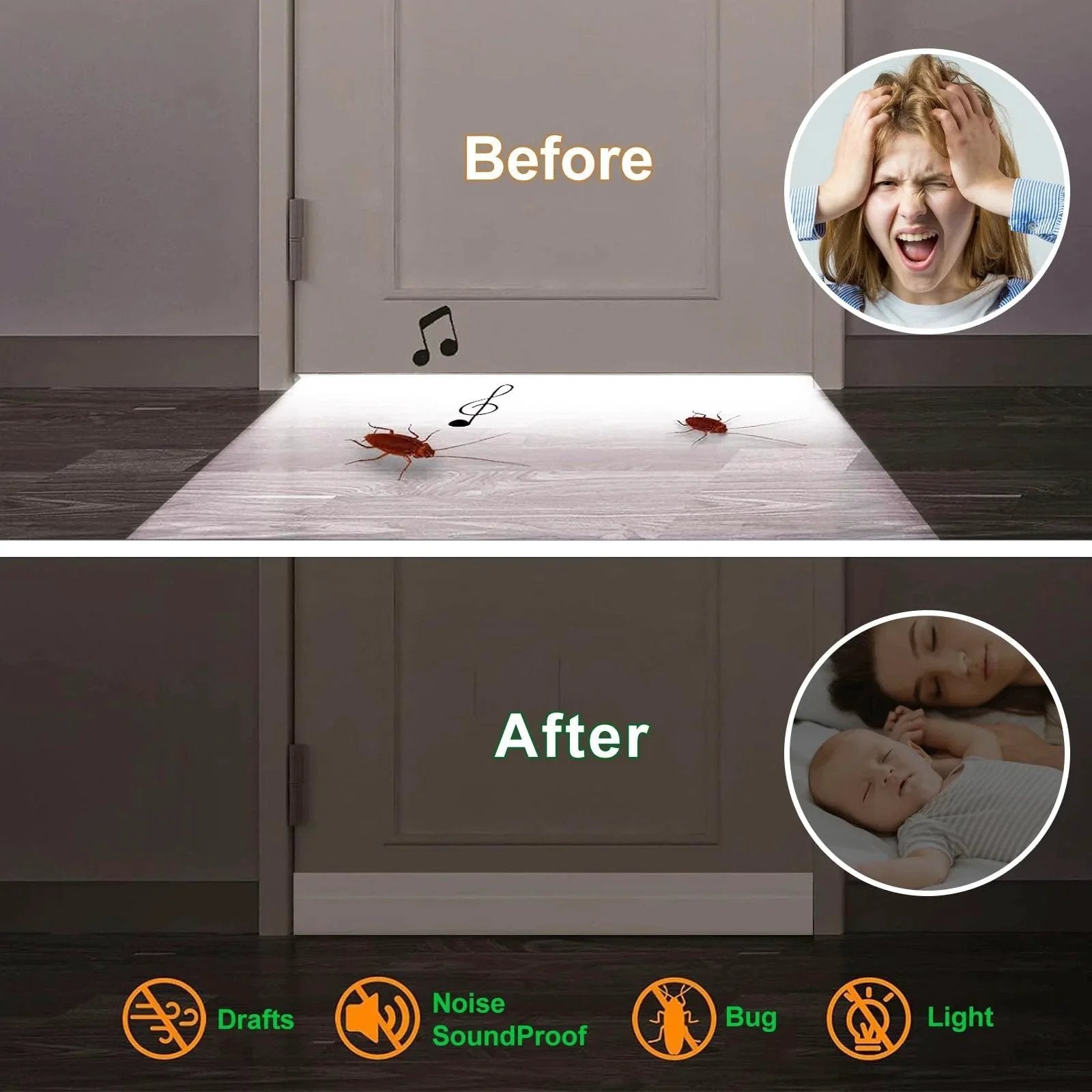 Before and after installation of 2 Pack Door Draft Stopper For Exterior And Interior Doors, 1.8 Inch Wide By 37 Inch Long White