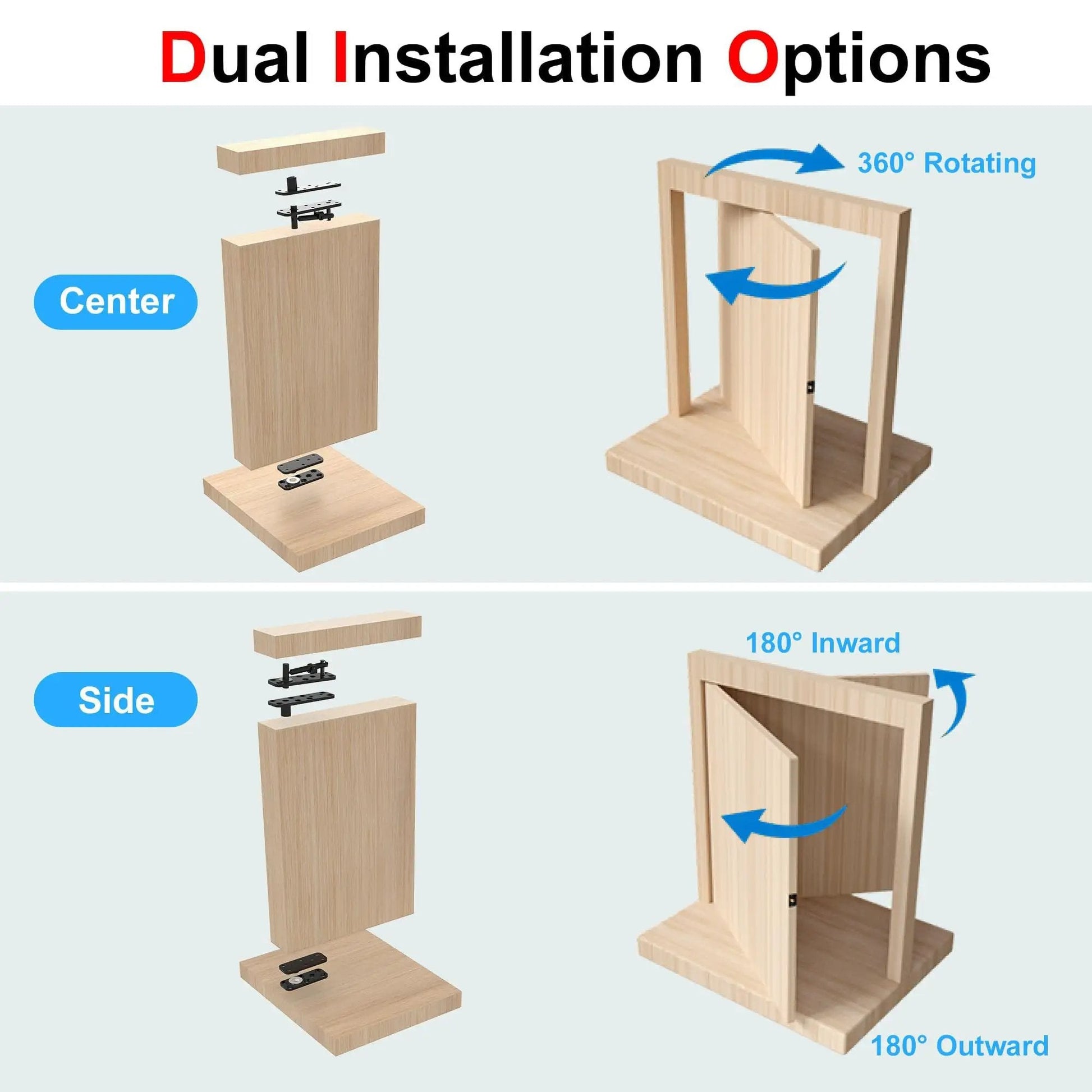 Heavy Duty Hidden Door Hinge With Silent Operation Jexify Dual Bearing Design For Secret Doors 360 Degree Pivot Supports Up To 573 Lb Load Conceal Hinge System With Patented Noise Reduction Technology shown with dual installation options in wood frame demonstration