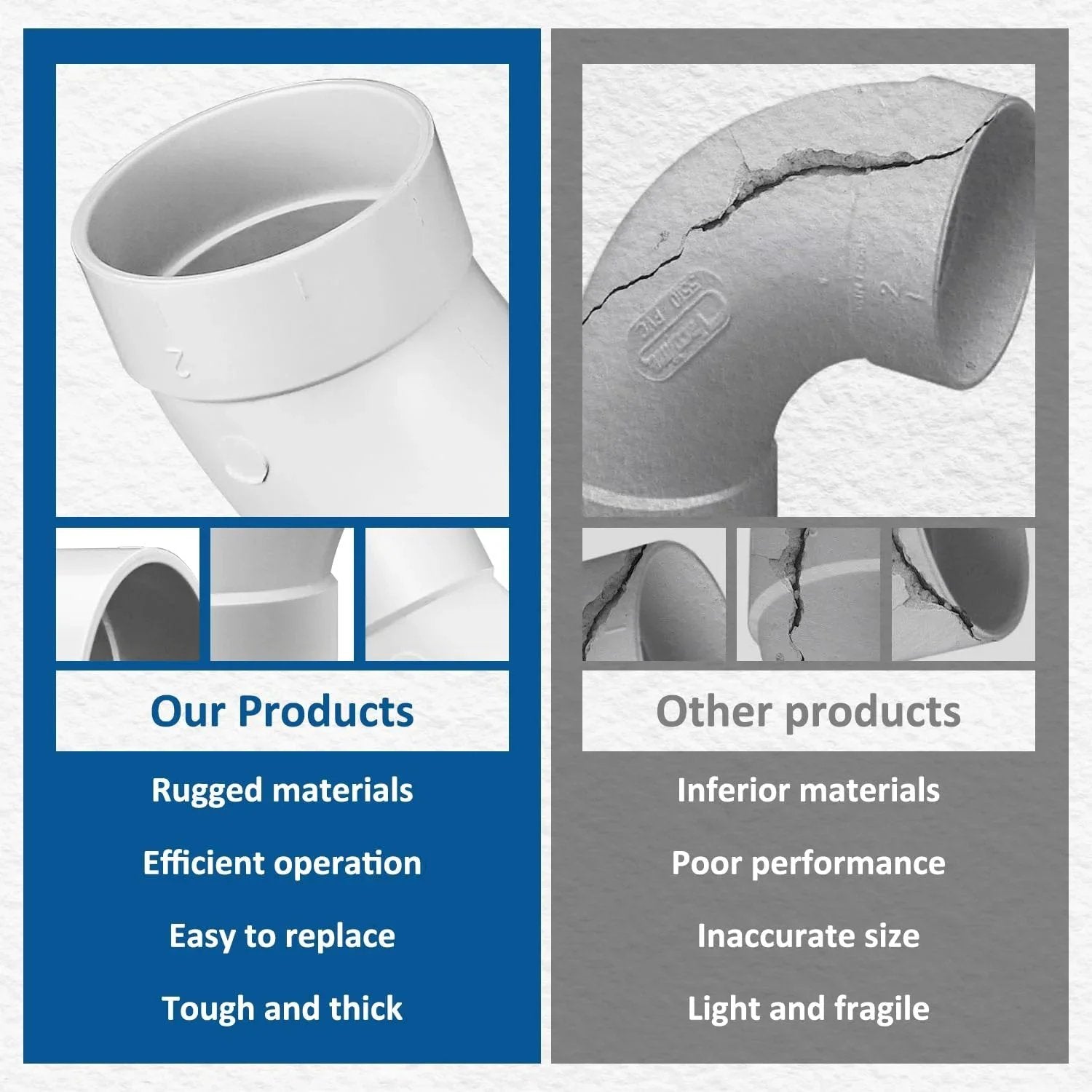 Comparison between 3 Pack Replacement Central Vacuum 90 Degree Elbow Fittings For 2 Inch Vacuum Pipe To Prevent Clogs And No Fuss Install LEFITPA Compatible For Quick Fit Connection And Long Lasting Performance In Home Central Vacuum Systems and inferior products showing quality differences.