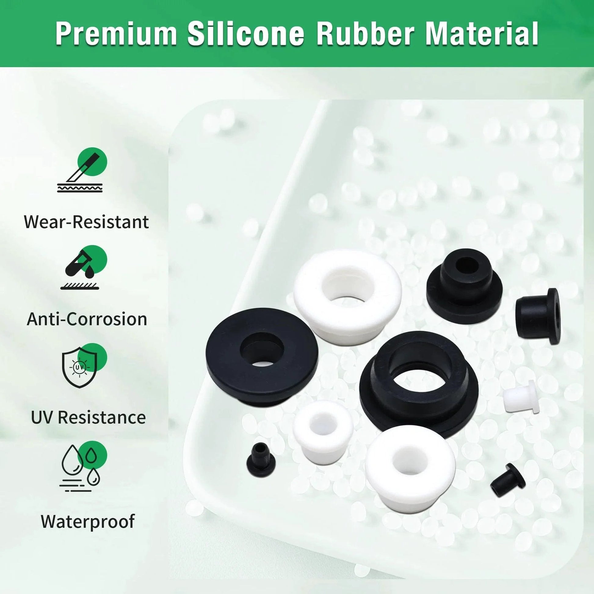65 Pack Top Hat Rubber Grommets Assortment Kit featuring black and white waterproof silicone grommets on a white surface