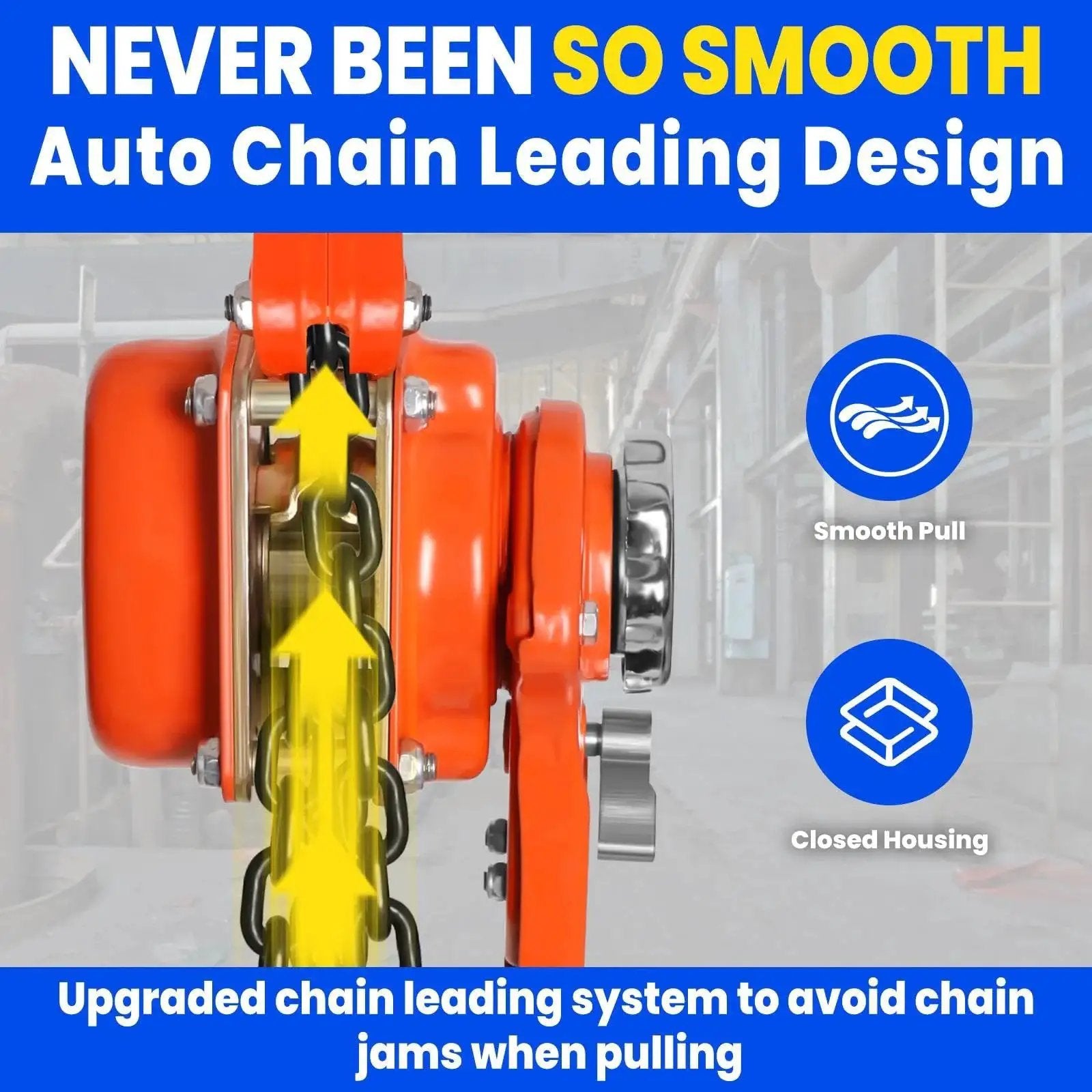 Close-up of 8 Ton Lever Chain Hoist With Double Pawl Brake 10 Ft Lift G80 Galvanized Steel showing chain leading design.