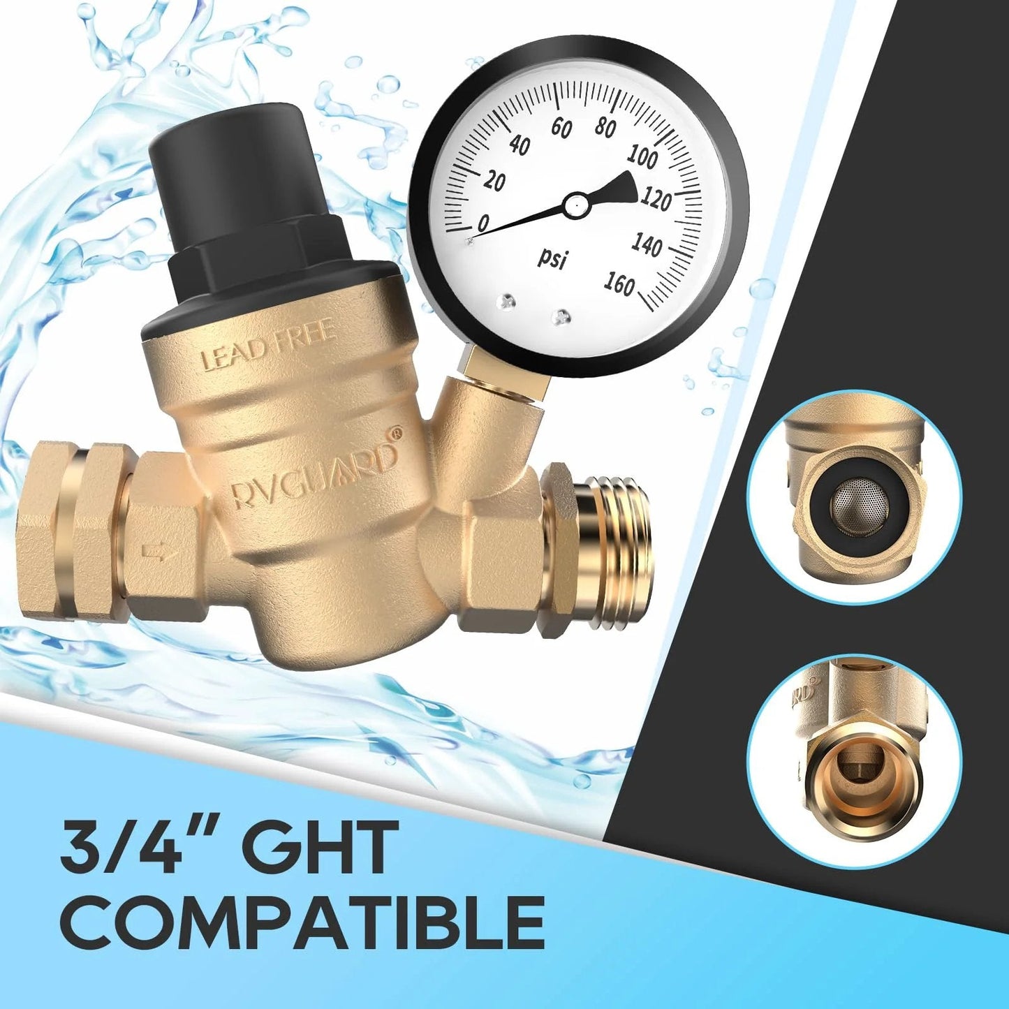 Adjustable Lead Free Brass RV Water Pressure Regulator Valve With Gauge And Inlet Screen Filter For Campers And Travel Trailers