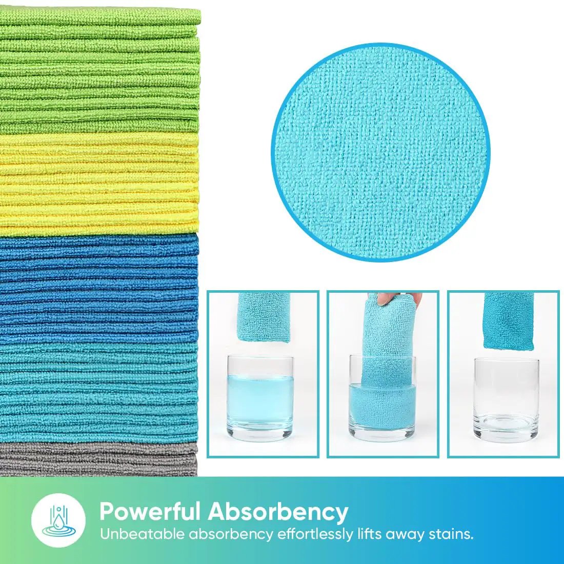 Ultra Absorbent Microfiber Cleaning Cloths, 100 Pack For Cars, Home, Kitchen And Shop, Scratch Free, Lint Free Rags, Multicolor 11.5 By 11.5 Inches By HOMEXCEL showing stacked towels and absorbency demonstration.