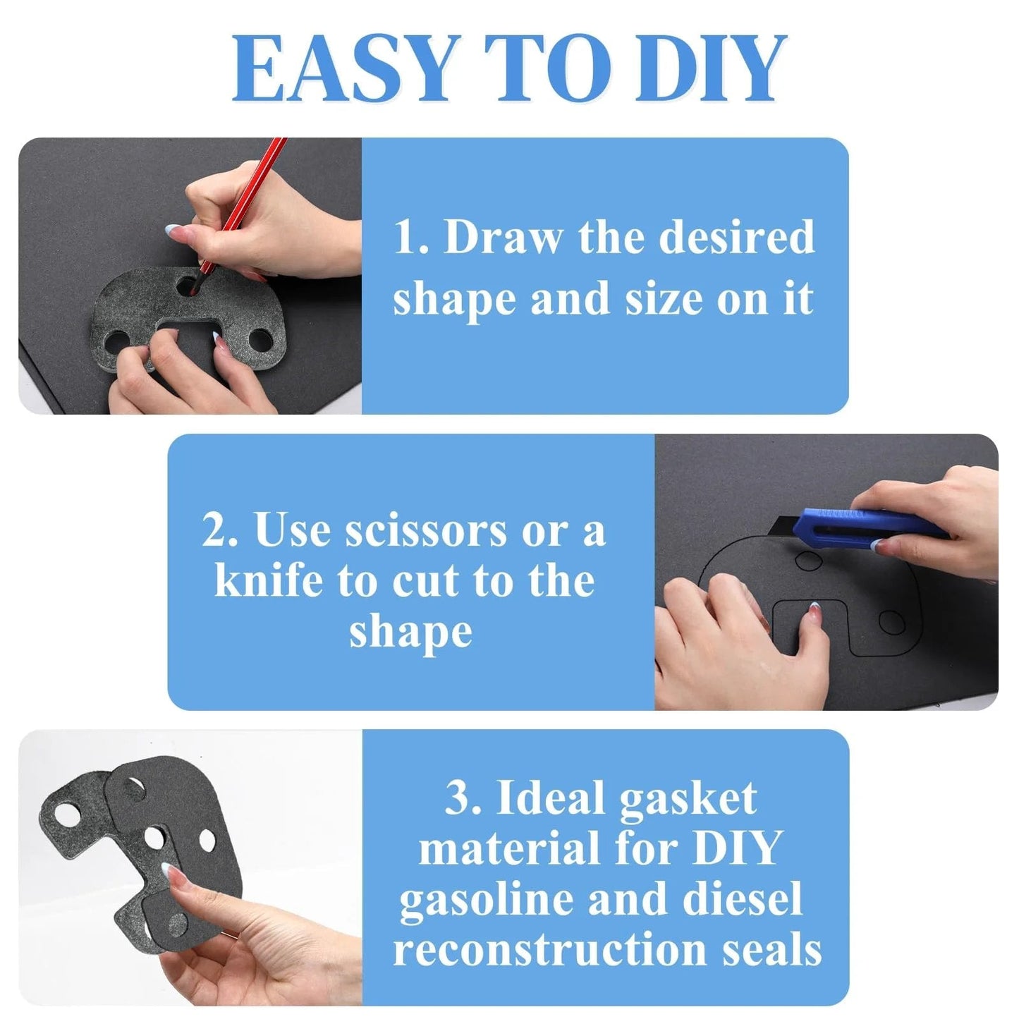 Instructions for using 9-Piece Non Asbestos Gasket Paper Sheet Set Pro Grade 15 x 11.8 Inches for exhaust DIY gasket work.