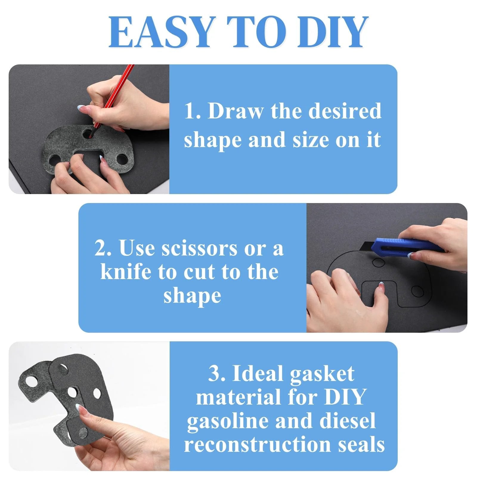 Instructions for using 9-Piece Non Asbestos Gasket Paper Sheet Set Pro Grade 15 x 11.8 Inches for exhaust DIY gasket work.
