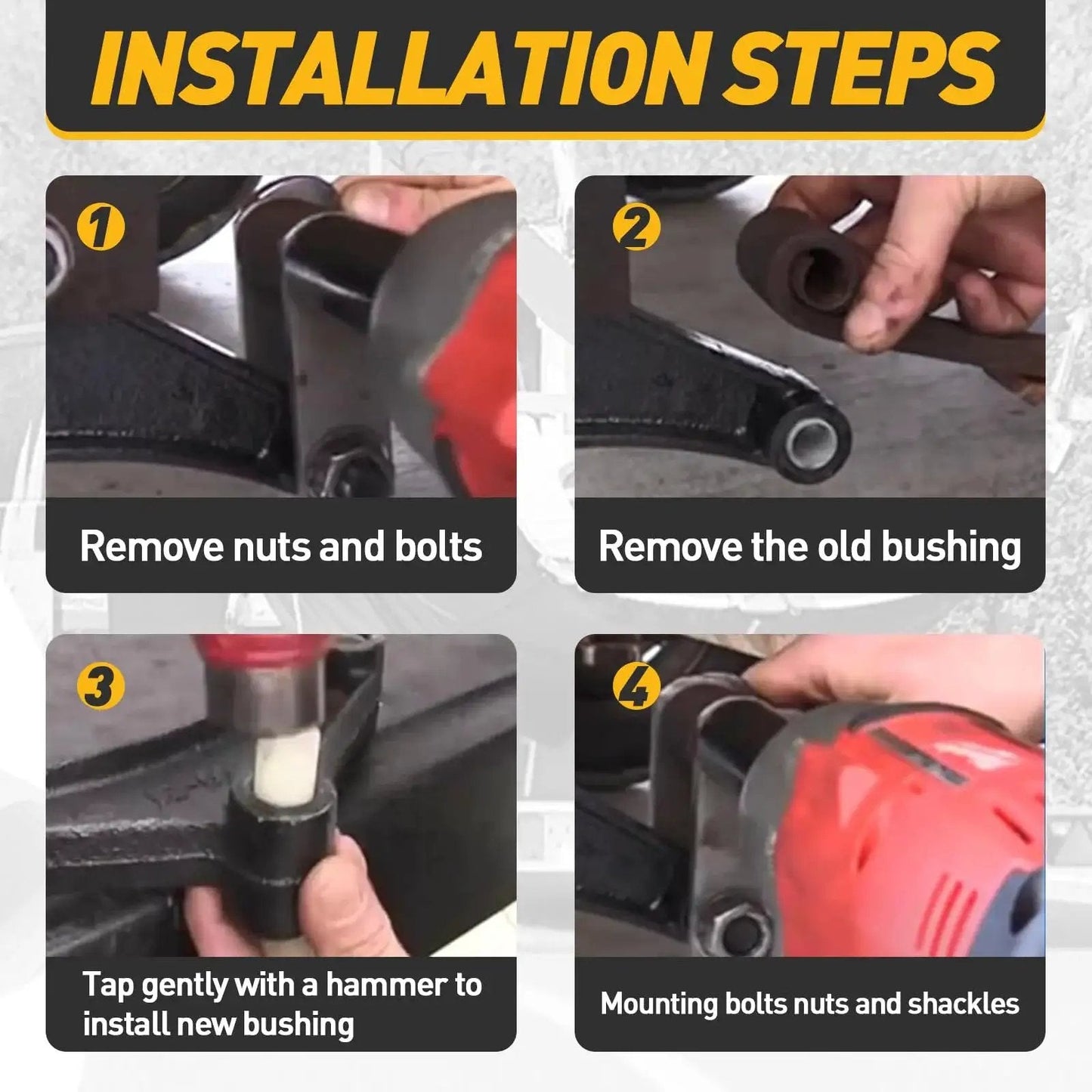 Installation steps for Nylon Trailer Leaf Spring Bushings 9 16 Inch ID And 1 3 4 Inch Outer Diameter Universal Fit Eight Pack For Slipper Trailer Leaf Springs And Equalizers Graphite Impregnated Durable Nylon Corrosion Resistant.