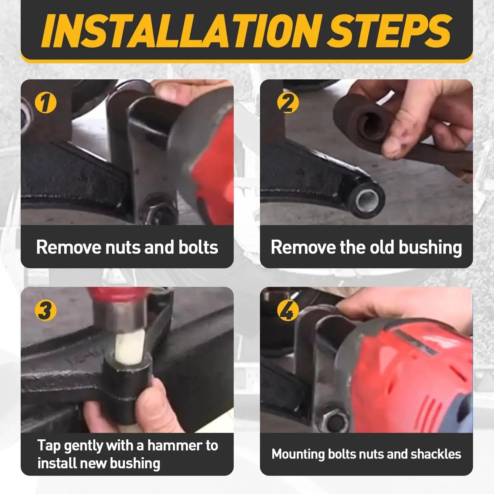 Installation steps for Nylon Trailer Leaf Spring Bushings 9 16 Inch ID And 1 3 4 Inch Outer Diameter Universal Fit Eight Pack For Slipper Trailer Leaf Springs And Equalizers Graphite Impregnated Durable Nylon Corrosion Resistant.