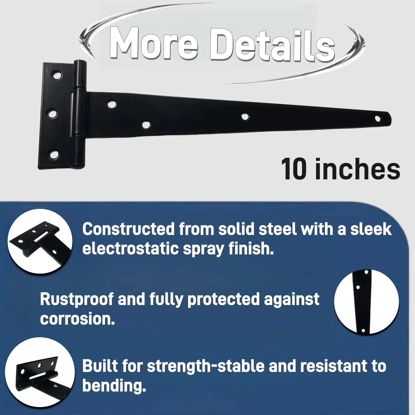 10-inch T gate hinge heavy duty black strap design with rustproof finish and solid steel construction details shown.