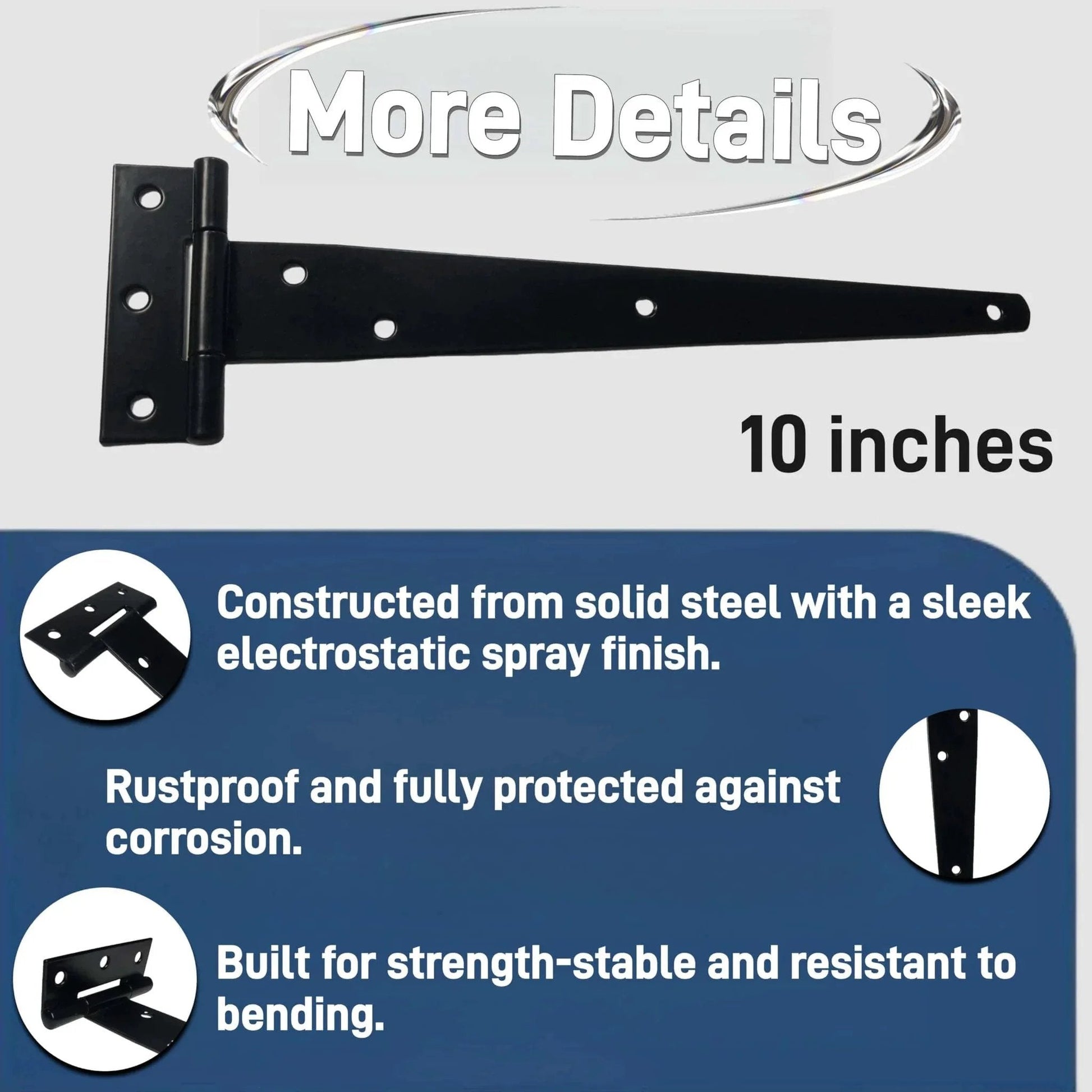 10-inch T gate hinge heavy duty black strap design with rustproof finish and solid steel construction details shown.