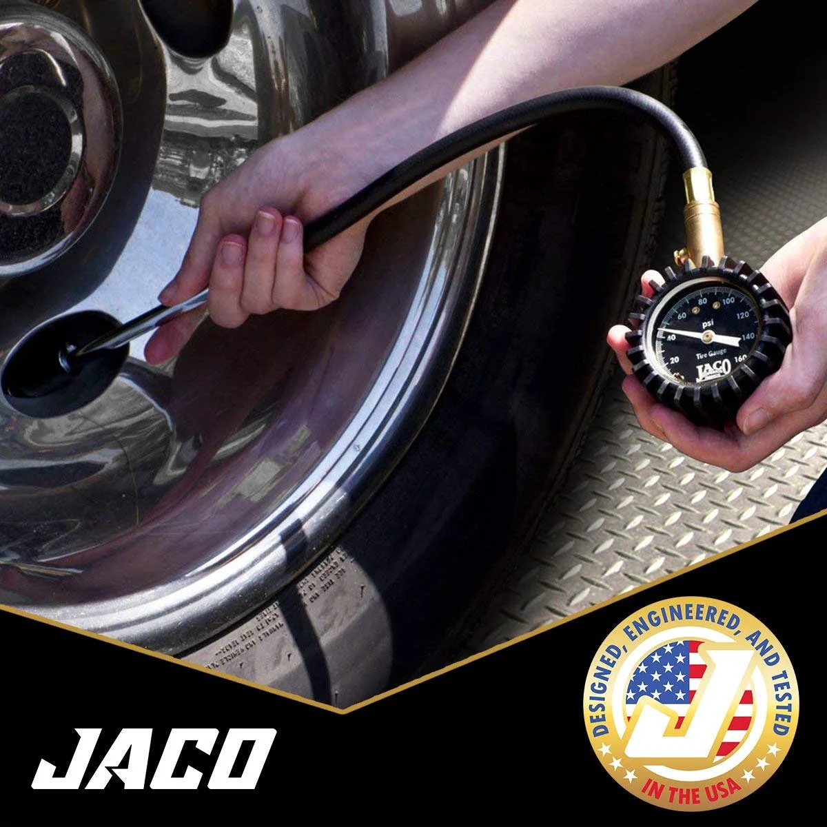 Person using Dual Air Chuck Tire Pressure Gauge Up To 160 PSI With Battery Free Accuracy, ANSI Certified And Mechanic Tested.