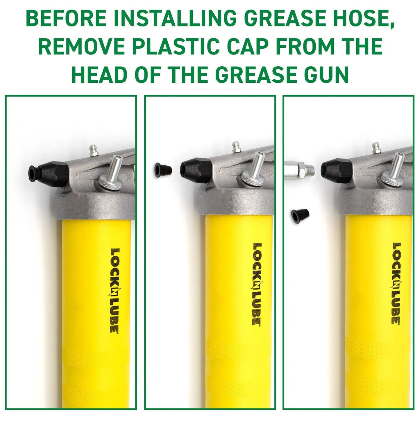 Close-up of Premium Pistol-Grip Grease Gun With LockNLube Coupler showing plastic cap removal process.