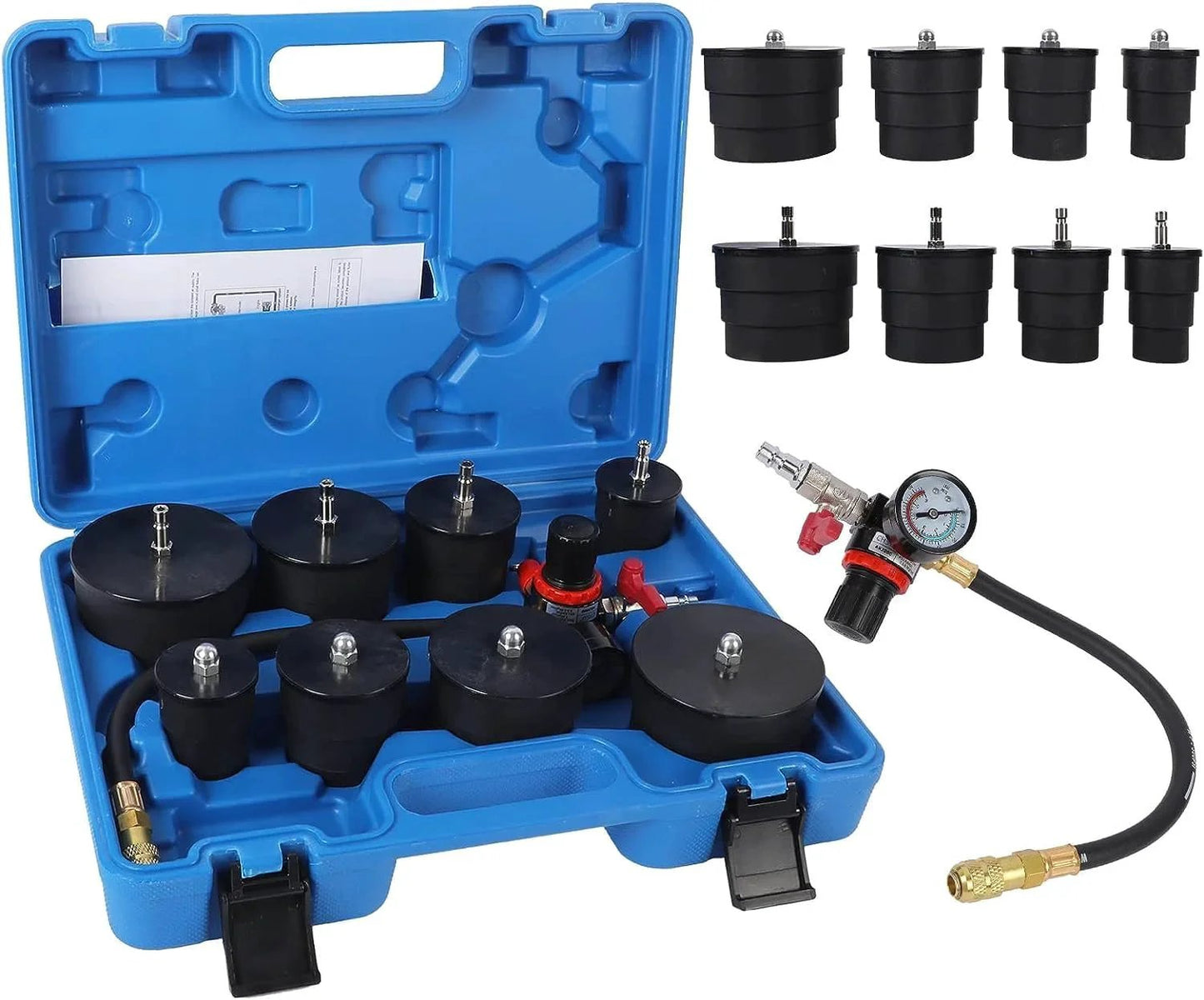 Turbo Boost Leak Tester Kit For Turbo System With Pressure Gauge 10 Piece Leak Down Tester Set Includes Four Pairs Of Stepped Adapters From 1.38 To 3.54 Inches For Easy Troubleshooting Of Turbo Leaks And Cooling System Piping Angchun, blue carrying case with adapters and gauge