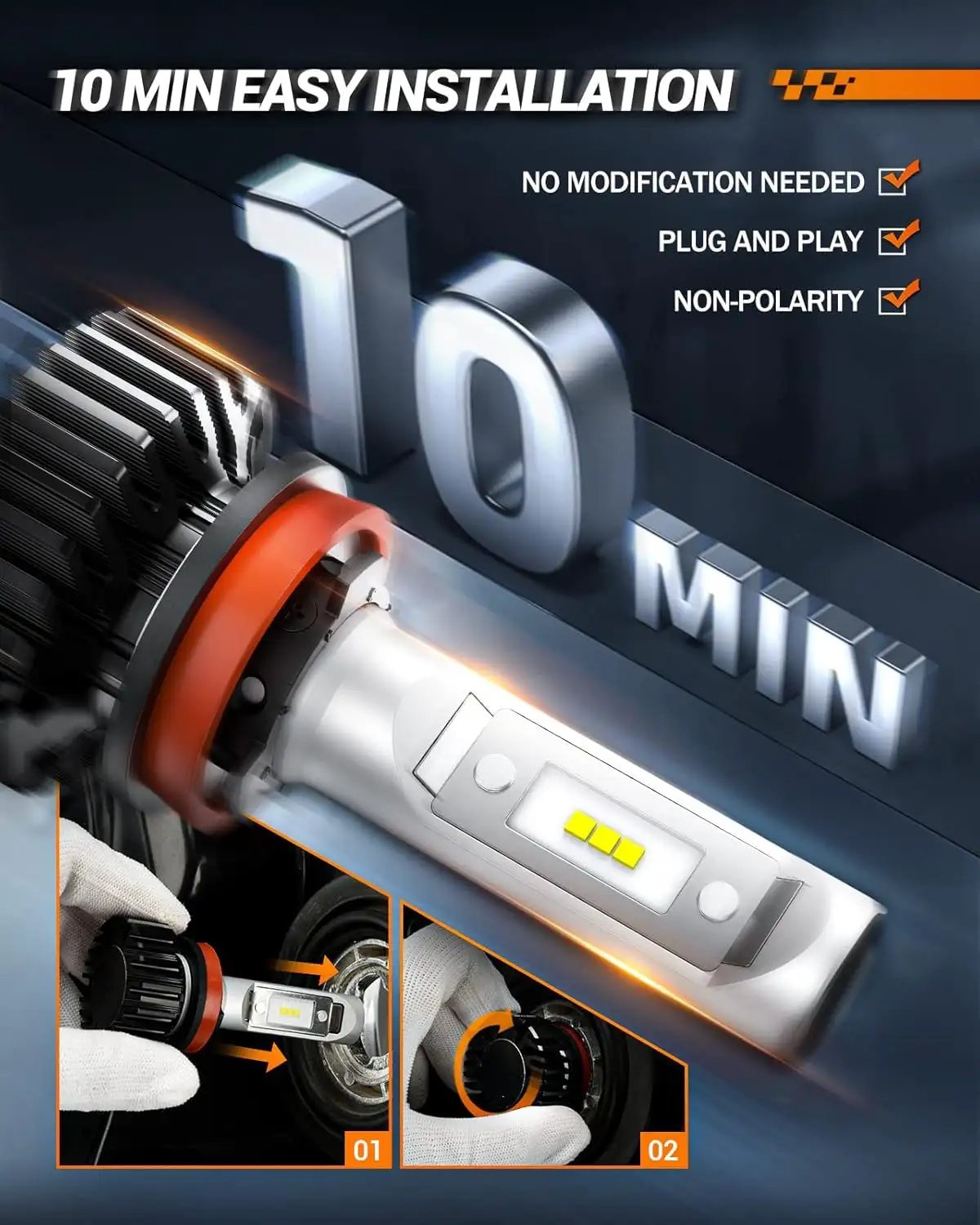 Ultra Bright H11 Fog Light Bulbs Pack Of 2 With Turbo Fan 30000 Lumens 6500K White IP67 Waterproof installation steps with hands.