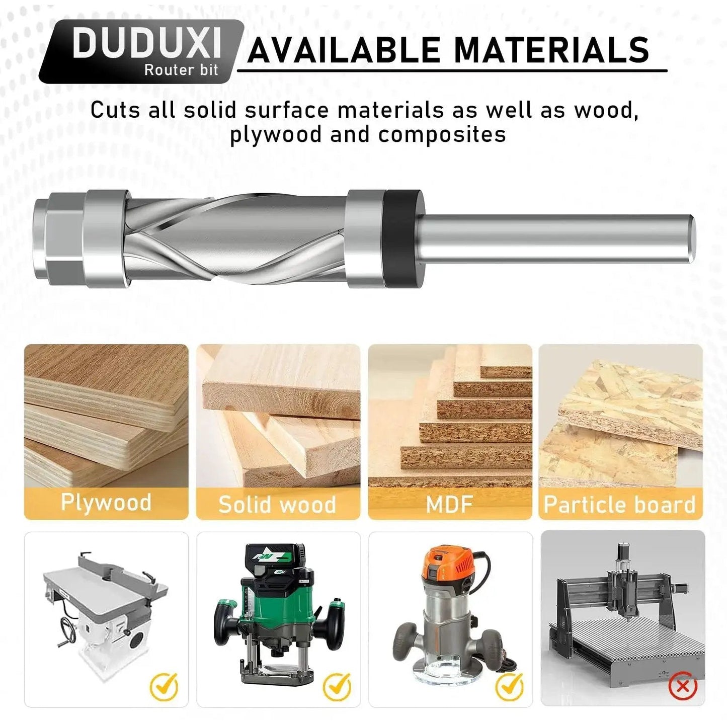 Carbide Compression Flush Trim Router Bit With One Quarter Inch Shank, Top And Bottom Bearing, Four Flutes, Spiral Up Down Pattern