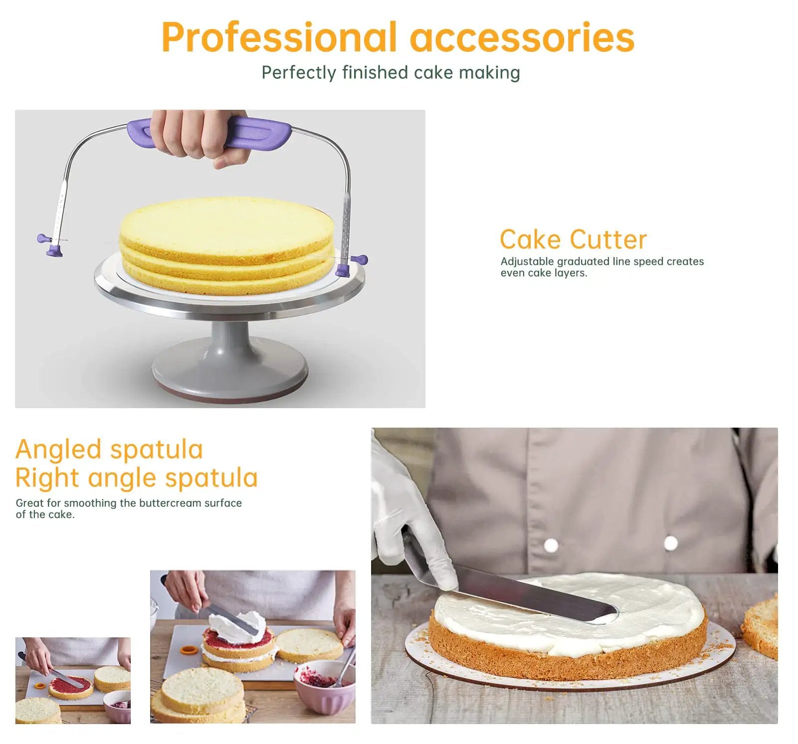 12 Inch Aluminum Cake Turntable Decorating Stand With Rotating Cake Stand Go To Kit For Cakes And Pastries Including Leveler Icing Comb Set 8 Pro Grade Decorating Tips Reusable Coupler And 10 Disposable Pastry Bags, featuring a cake cutter and angled spatula for smooth icing application.