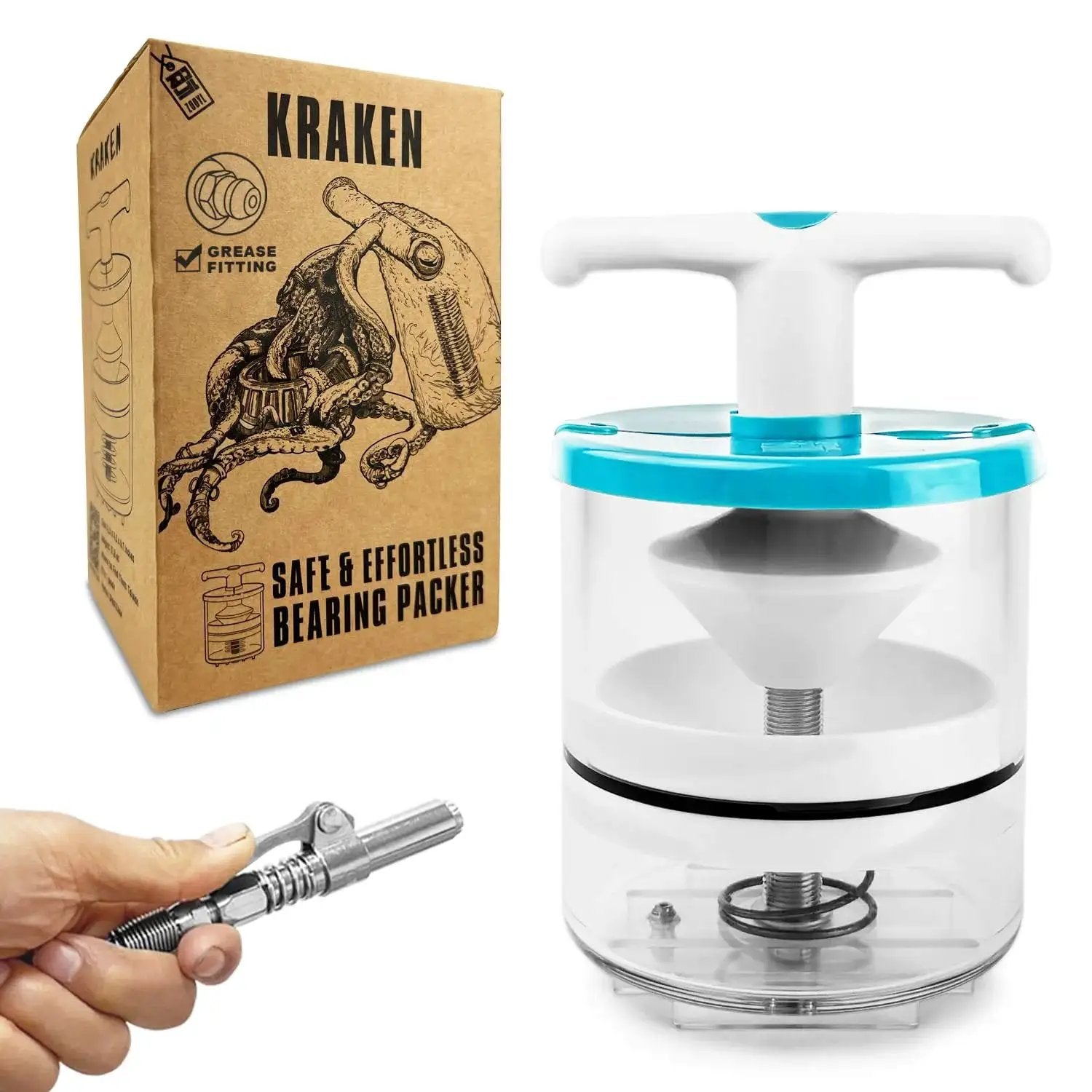 Rotation Handle Bearing Packer For Effortless Wheel Bearing Grease Application With Any Grease Gun next to packaging box