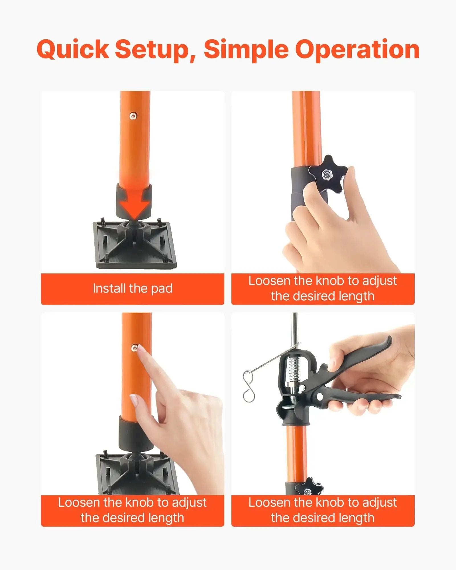 Cabinet Support Pole 8 Pack Telescoping 45.7 to 114.2 Inches, 154 Lbs Capacity installation and adjustment steps